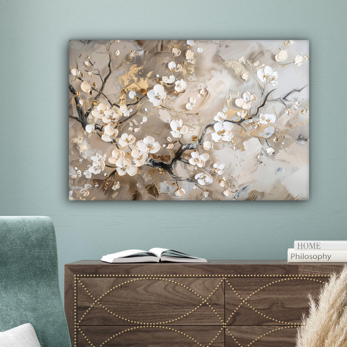 OBRAZ NA PLÁTNE Kvety - biela - zlatá - béžová - luxusná 60x40 cm - sivobéžová, textil (60/40cm) - MuchoWow