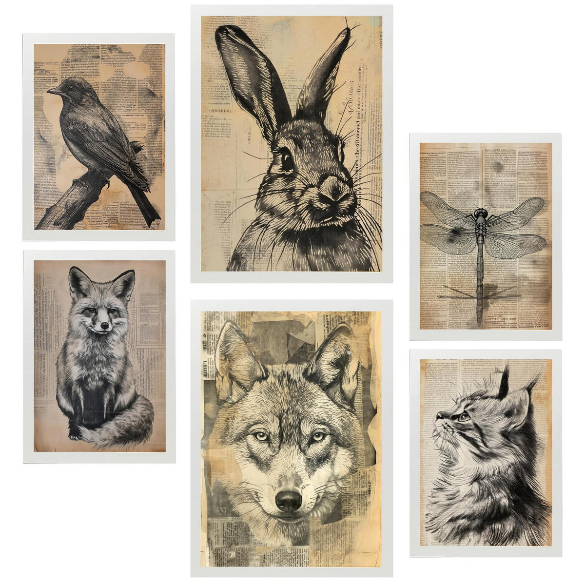 POSTER Set Mit 6 Vintage Tiere Vogel Hase Libelle Fuchs Wolf Katze A3 & A4 Weißer Rahmen - Weiß, Papier (29/3cm) - Nacnic
