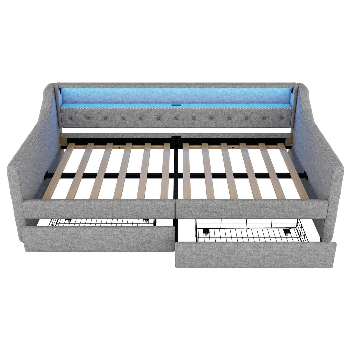 TAGESBETT 90/200 cm mit LED-Beleuchtung, USB-Anschluss, 2 Schubladen und Lattenrost, Grau - Grau, Textil (90/200cm) - Redom