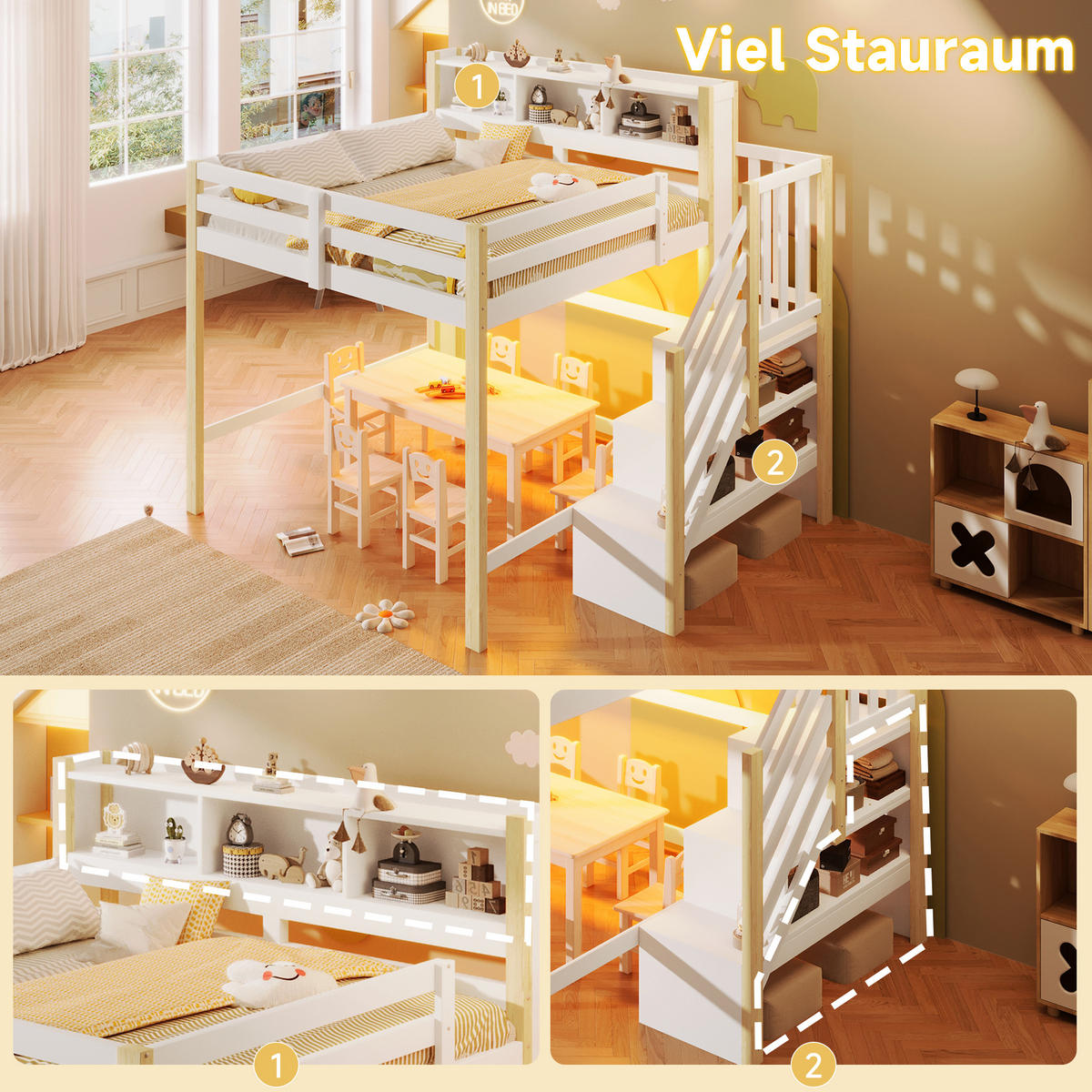 HOCHBETT 140/200 cm in Weiß & Natur mit LED, Stauraum und Ablageleiter - Weiß/Naturfarben, Holz/Holzwerkstoff (140/200cm) - CHICFURN