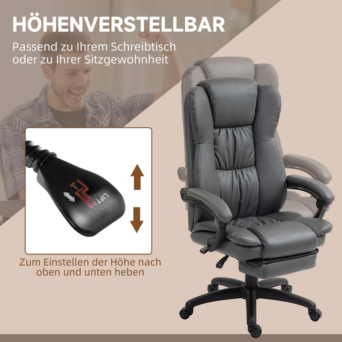 VERSTELLBARER Drehstuhl mit Fußstütze, Kopfstütze, Massagefunktion, Dunkelgrau - Dunkelgrau/Schwarz, Kunststoff (68.5/121/68.5cm) - Vinsetto