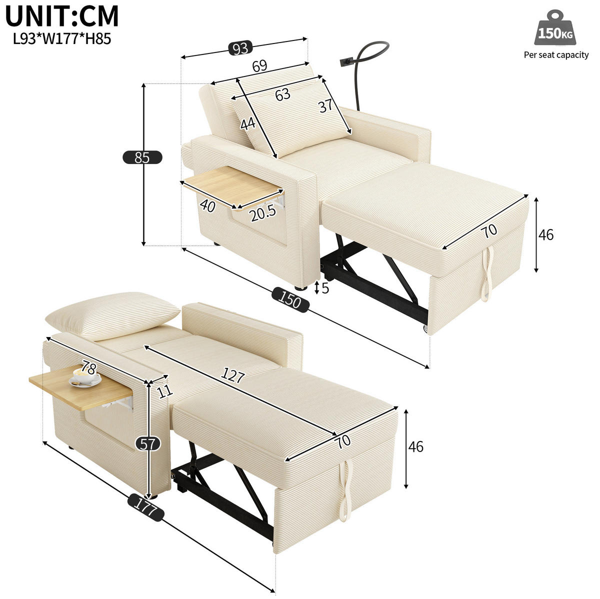 ROZKLADACIA pohovka z menčestru, 93/150/85 cm béžová, s USB, Type-C a držiakom na mobil - béžová, textil (93/85/150cm) - BEAOK