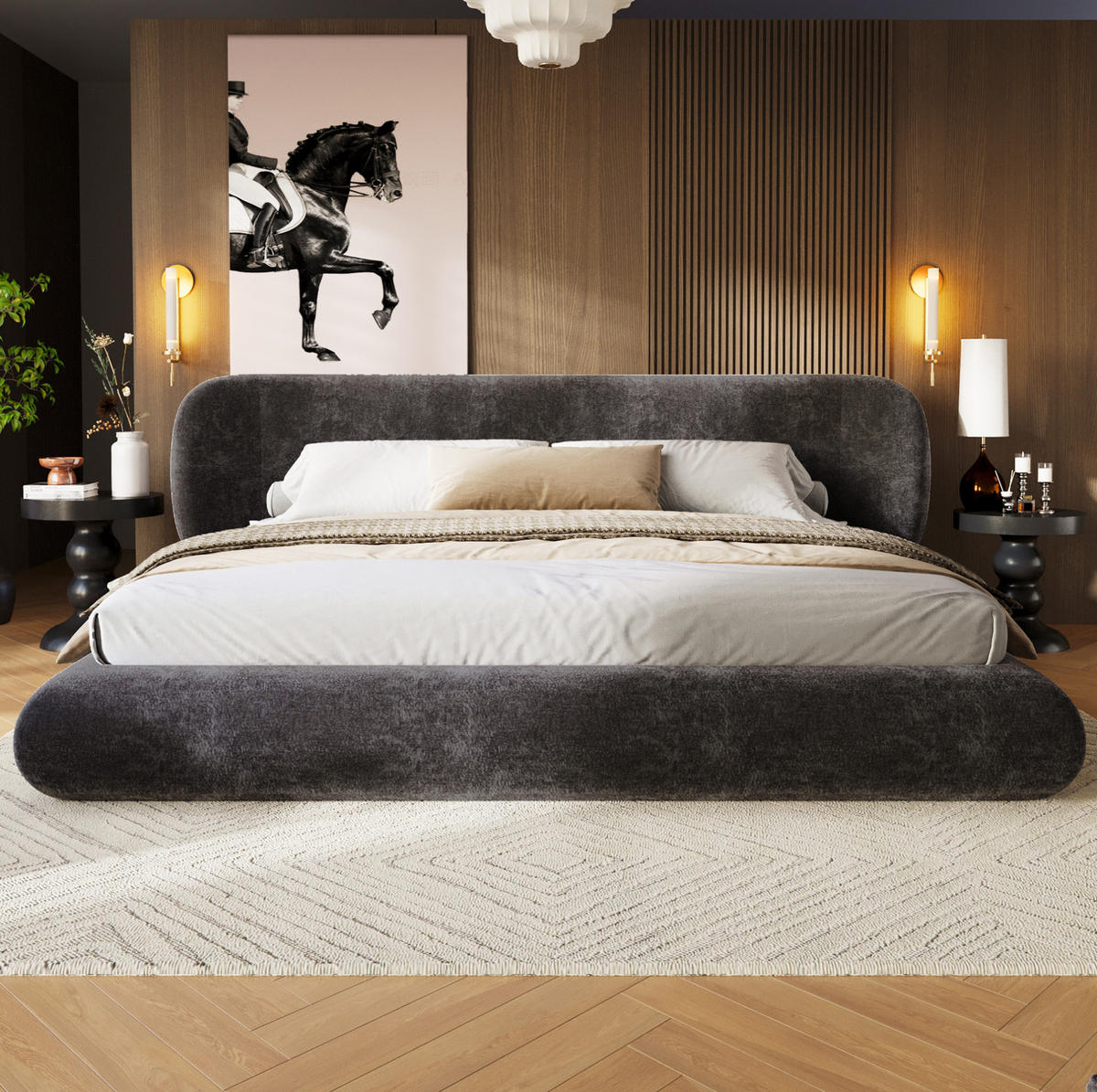 POLSTERBETT aus Chenille 160x200 cm Grau mit Lattenrost und gepolstertem Kopfteil - Grau, Textil (160/200cm) - Modfu