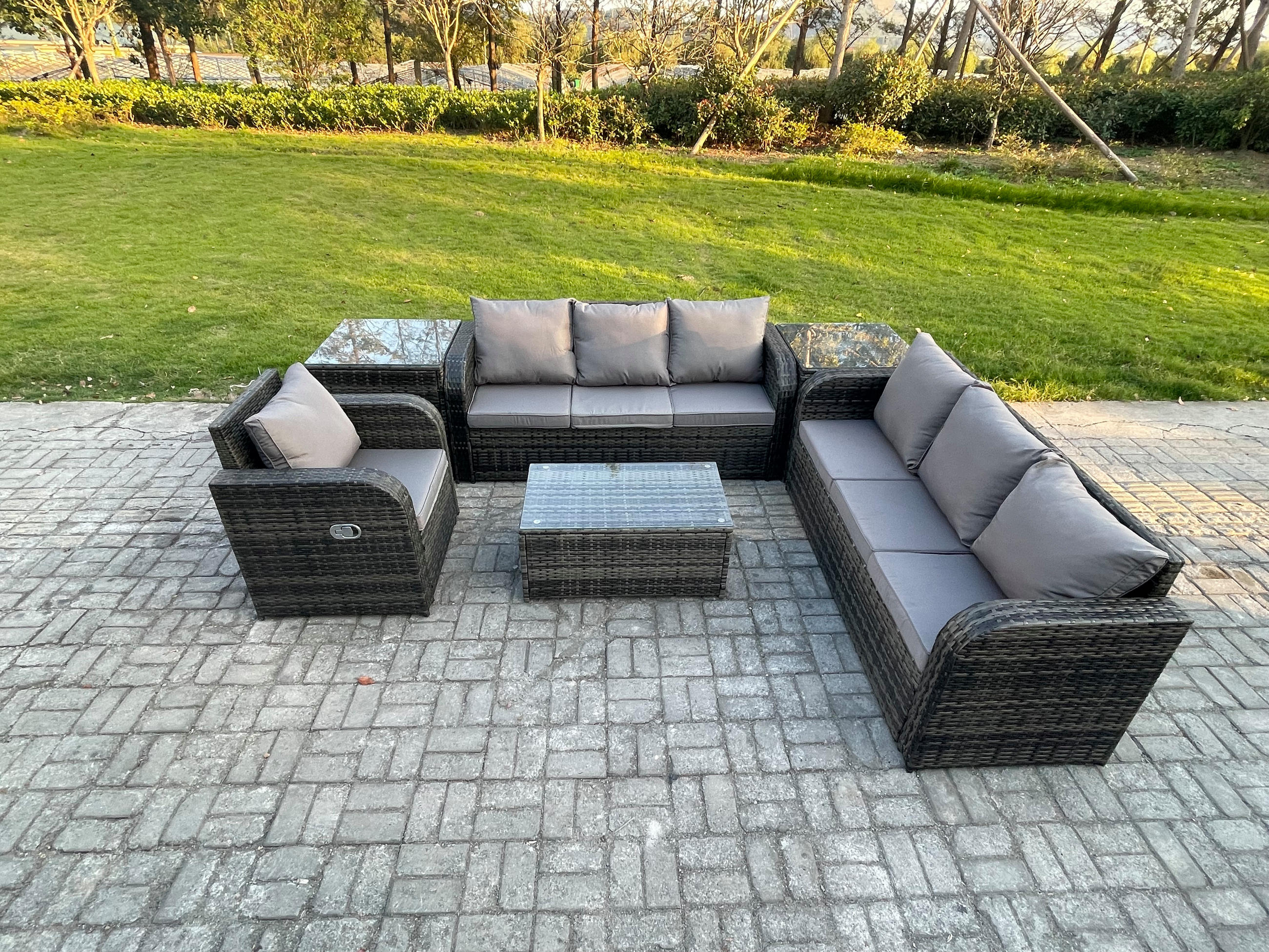 GARTENMÖBEL-SET mit Kissen Polyrattan Dunkelgrau 7-Sitzer - Dunkelgrau/Grau, Glas/Kunststoff - Fimous