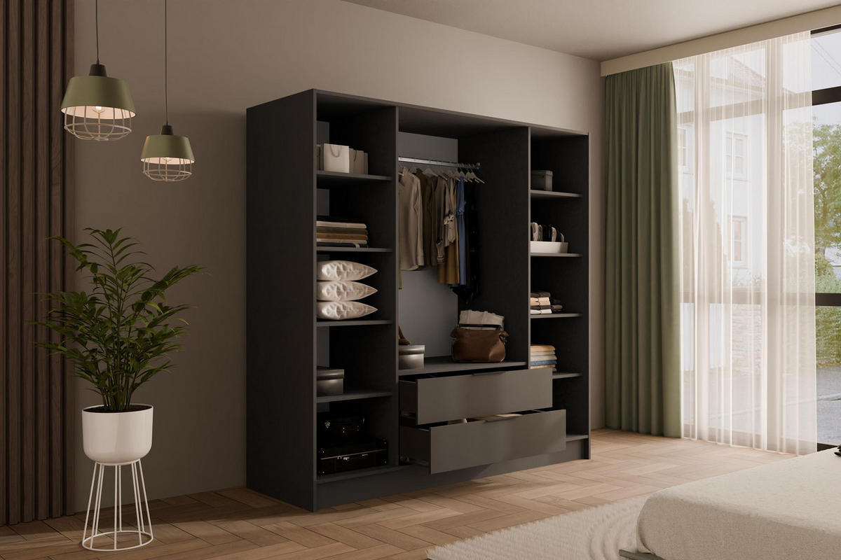 KLEIDERSCHRANK mit Spiegel und Flügeltüren KOLIN 200x200cm Graphit - Graphitfarben, Holzwerkstoff (200/200/51cm) - ALTDECOR