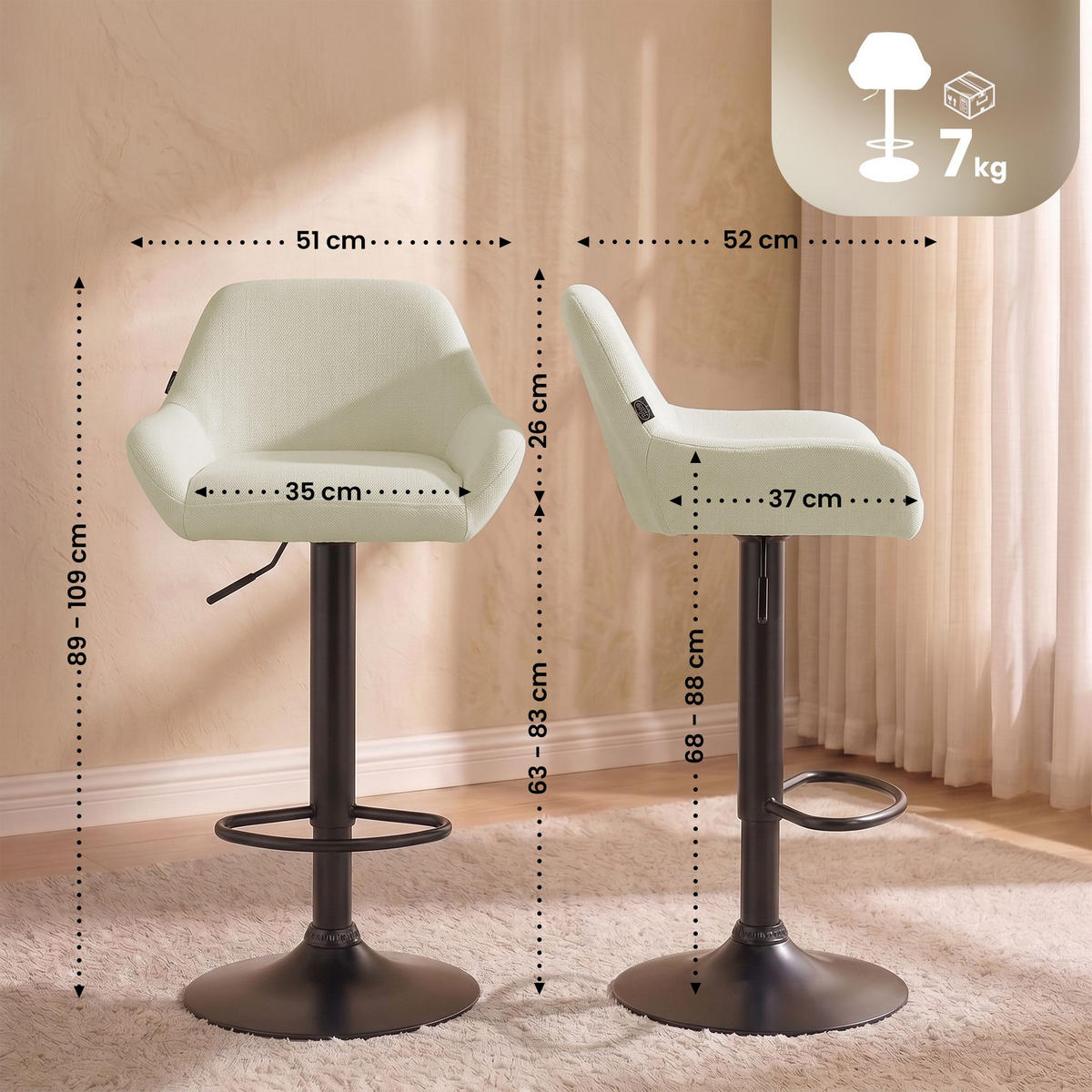 BARHOCKER Stoff creme - Creme/Schwarz, Textil/Metall (51/89/52cm) - CLP