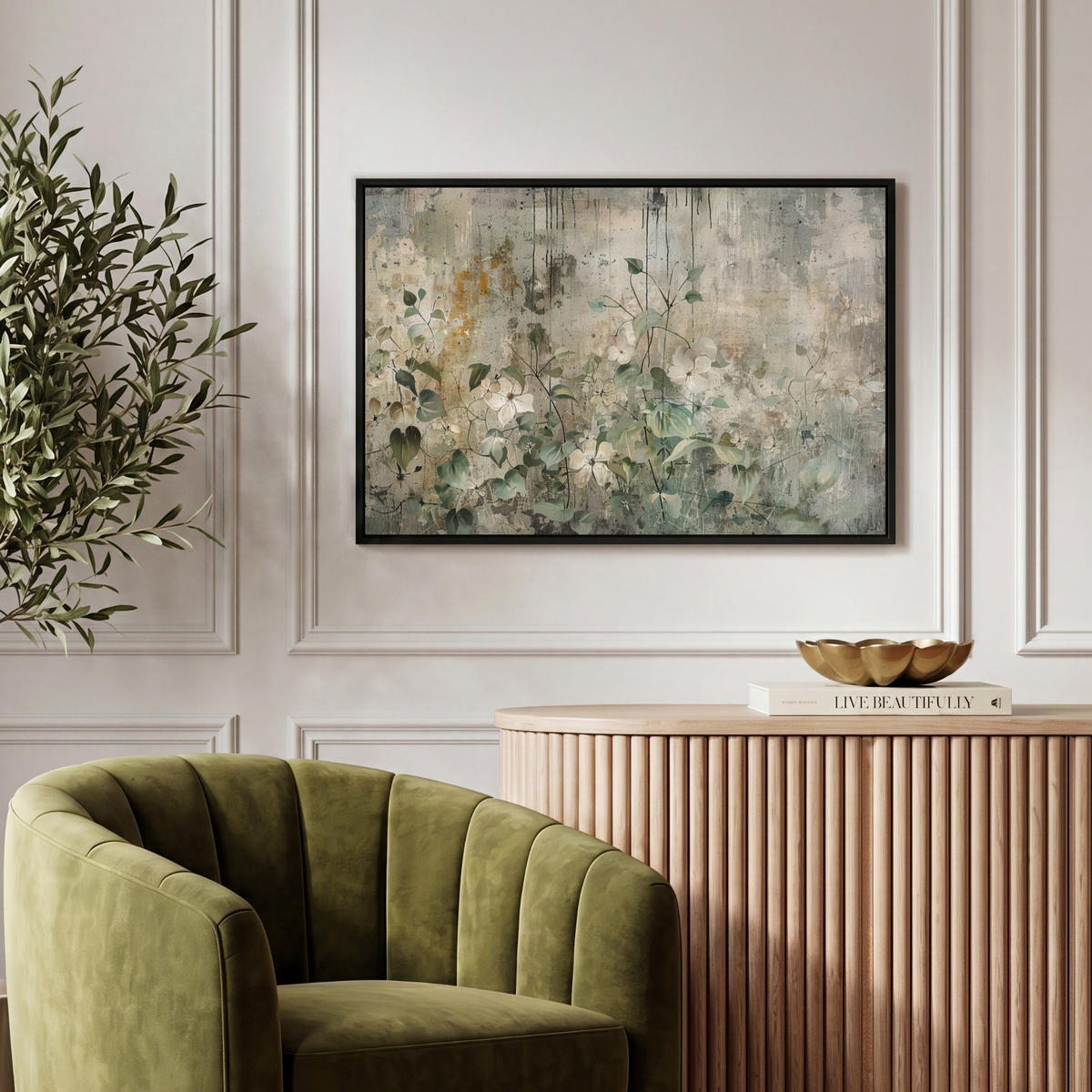 LEINWAND Bilder mit Rahmen - Blumen - Blätter - Abstrakt - Modern - 60x40 - Grau, Textil (60/40cm) - MuchoWow