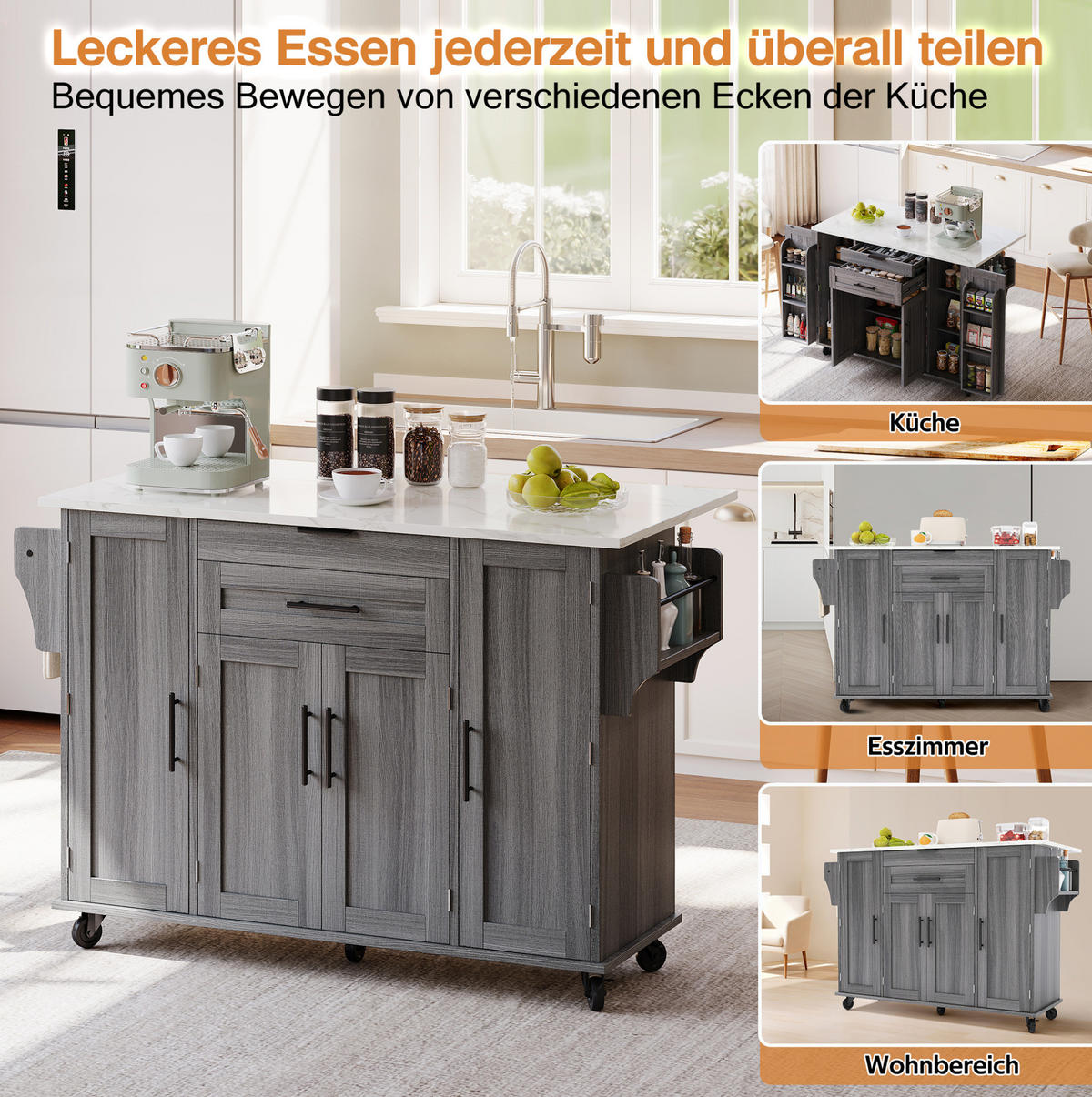 KÜCHENINSEL 136/92/70 cm Grau aus MDF mit ausziehbarer Arbeitsplatte - Grau, Holzwerkstoff (70/92/136cm) - OKMYHOME