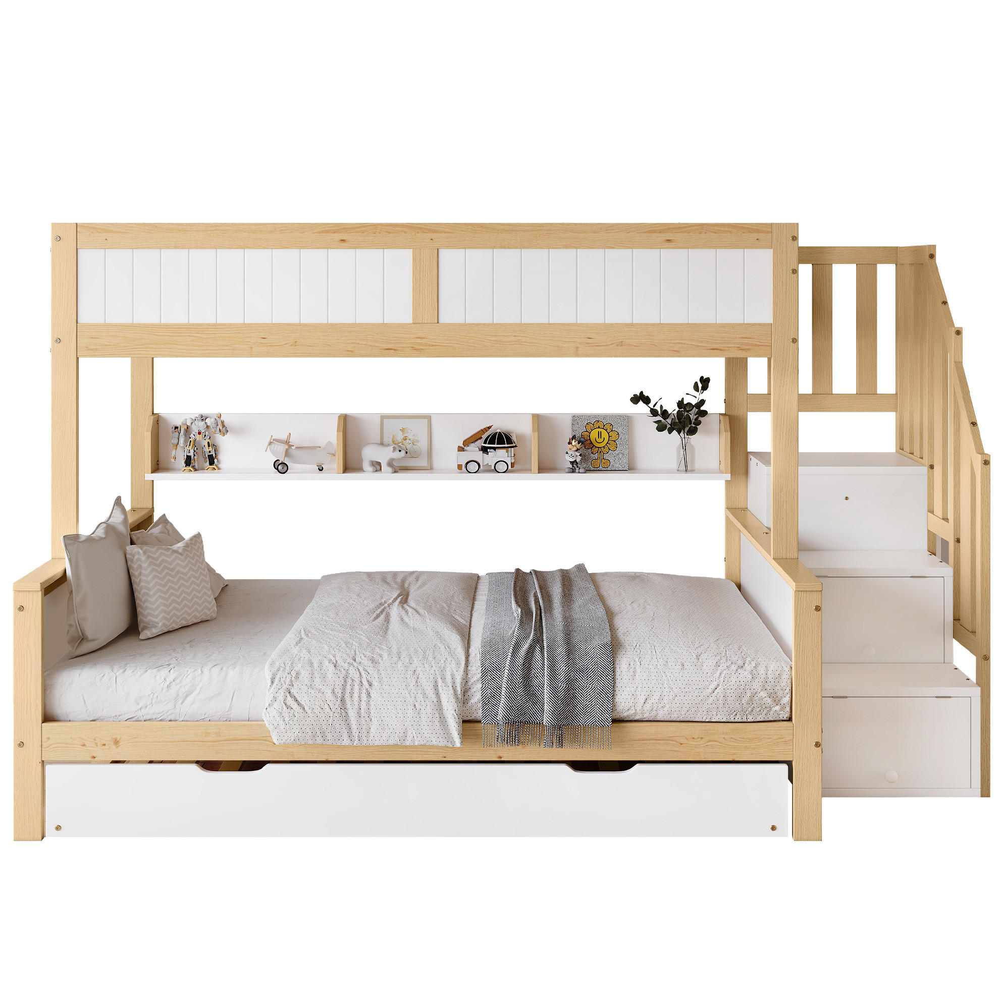 OKWISH PATROVÁ postel 90/200 a 120/200 cm bílá přírodní s výsuvnou postelí a úložnými schody z borovice a MDF