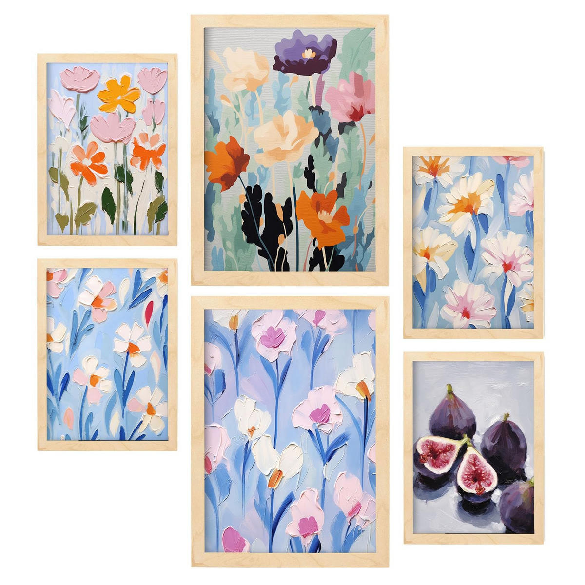 POSTER Set Mit 6 Blumen & Feigen A3 & A4 Rahmen Aus Hellem Holz - Beige, Papier (29/3cm) - Nacnic