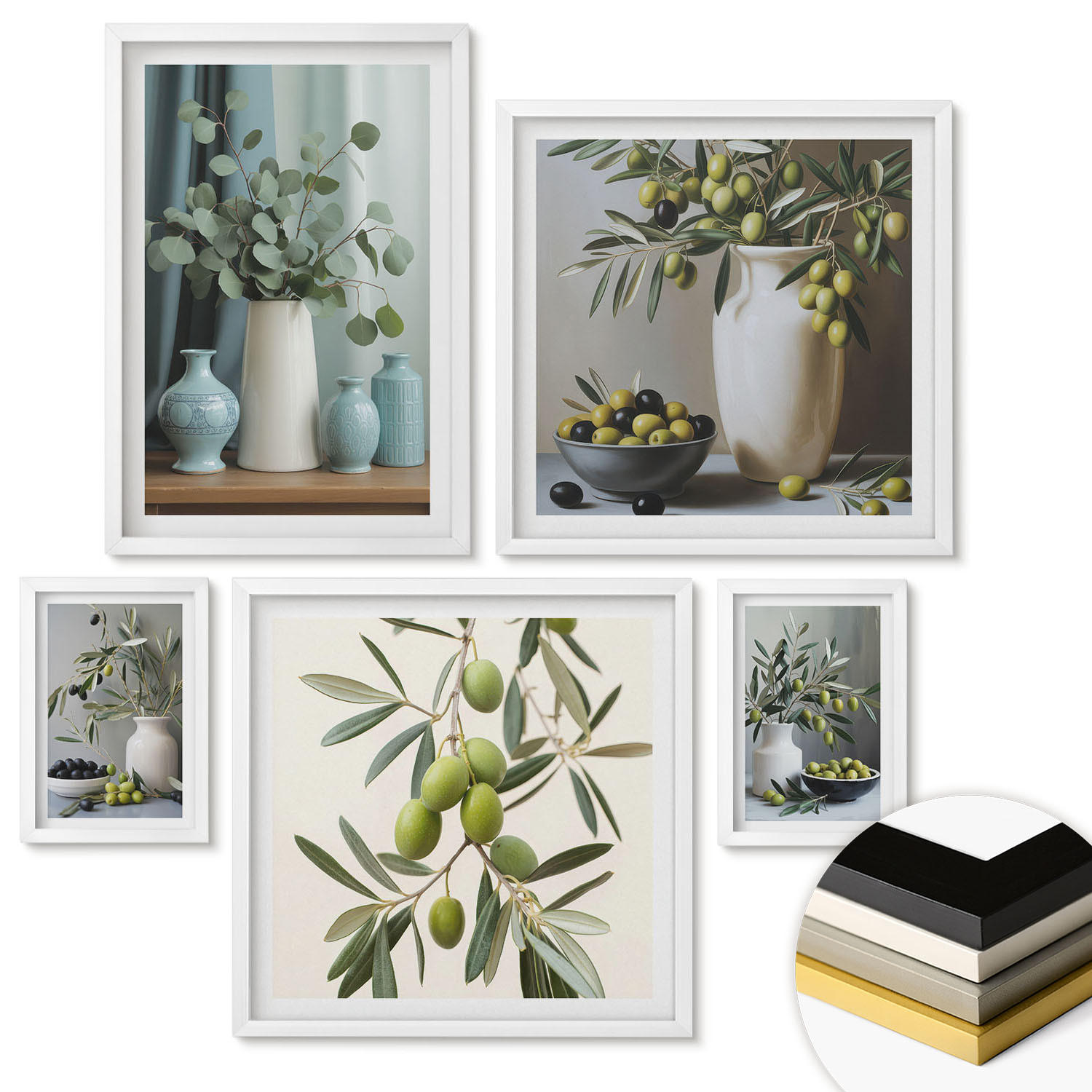 WANDBILDER 5er-Set - 50x50 cm & 20x30 cm & 40x60 cm Weißer Rahmen - Oliven in Vasen in gedeckten Farben - Weiß, Kunststoff (40/60cm) - ArtPrintCave