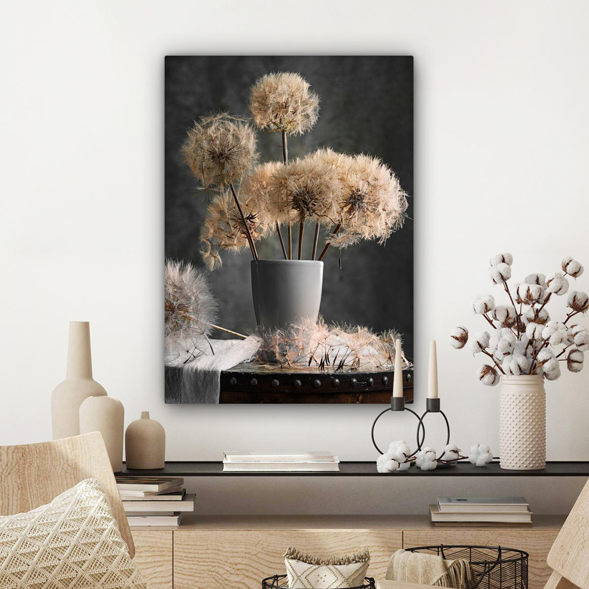 LEINWANDBILD Blumensamen - Löwenzahn - Vase - Stilleben - Blumenstrauß Wandbild Wohnzimmer 60x80 cm - Dunkelgrau, Textil (60/80cm) - MuchoWow