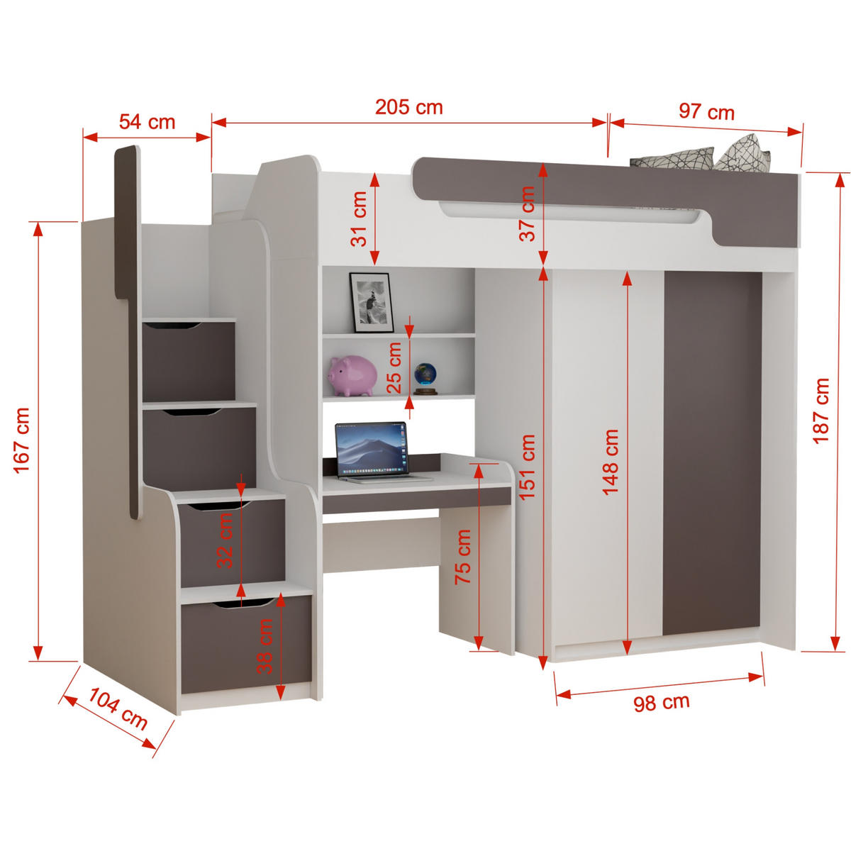 ETAGENBETT ARTHUR 90/200 in Weiß/Grau mit Schreibtisch und Kleiderschrank - Weiß/Grau, Holzwerkstoff (90/200cm) - Deine Möbel 24