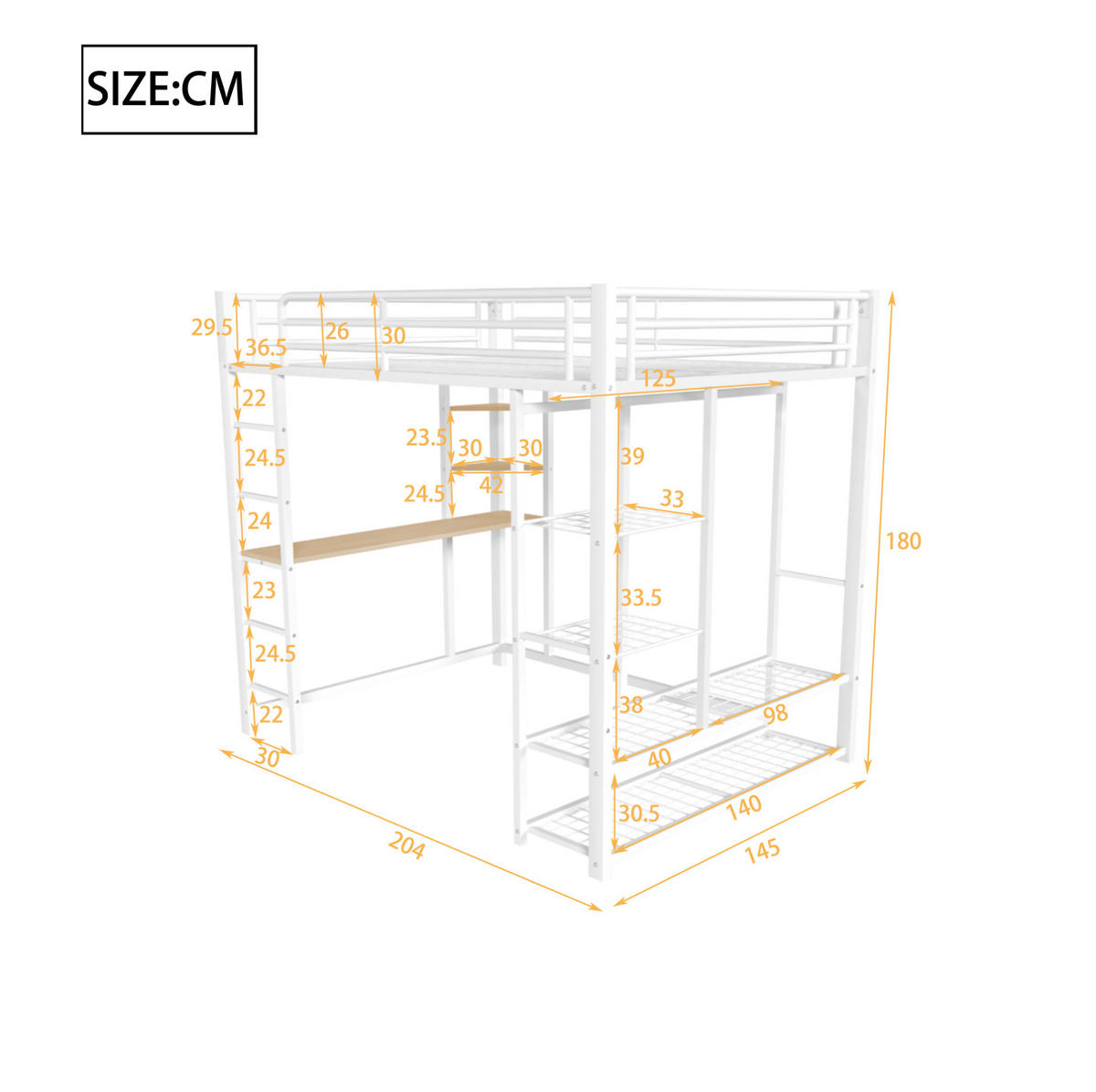 HOCHBETT 140/200 cm Weiß mit Schreibtisch und Kleiderschrank - Weiß, Metall (140/200cm) - MIVRAY