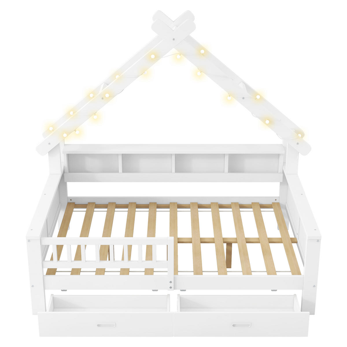 HAUSBETT 140/200 cm in Weiß mit 2 Schubladen, LED und Regal - Weiß, Holz/Holzwerkstoff (140/200cm) - WISHDOR