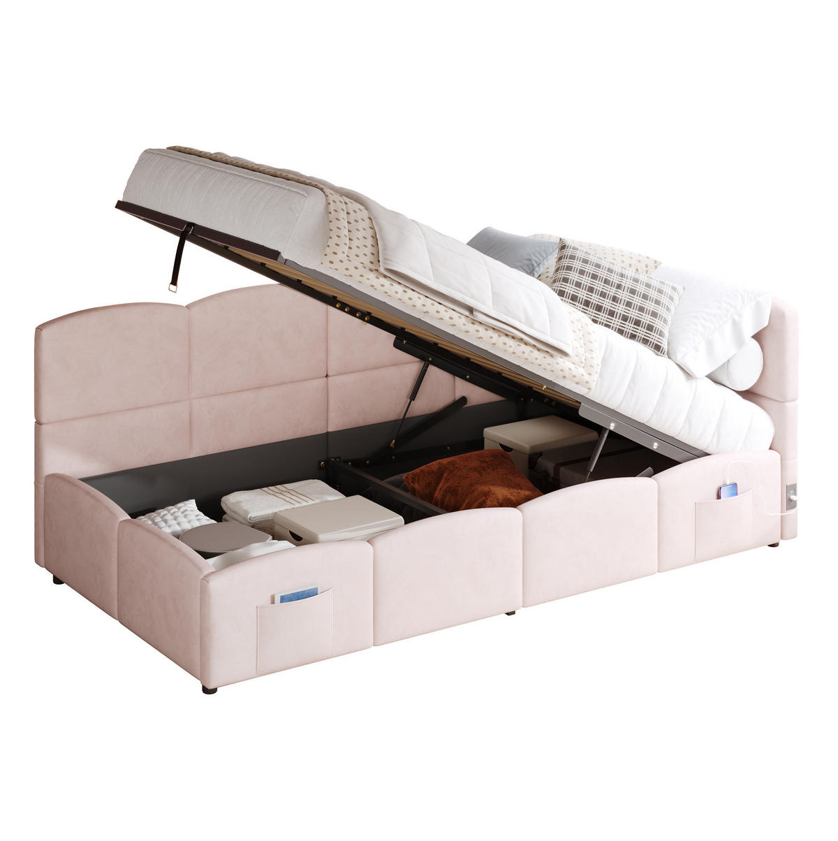 POLSTERBETT 90/200 cm in Rosa mit Stauraum und USB- und Type-C-Anschlüssen - Rosa, Textil (90/200cm) - Flora Grace