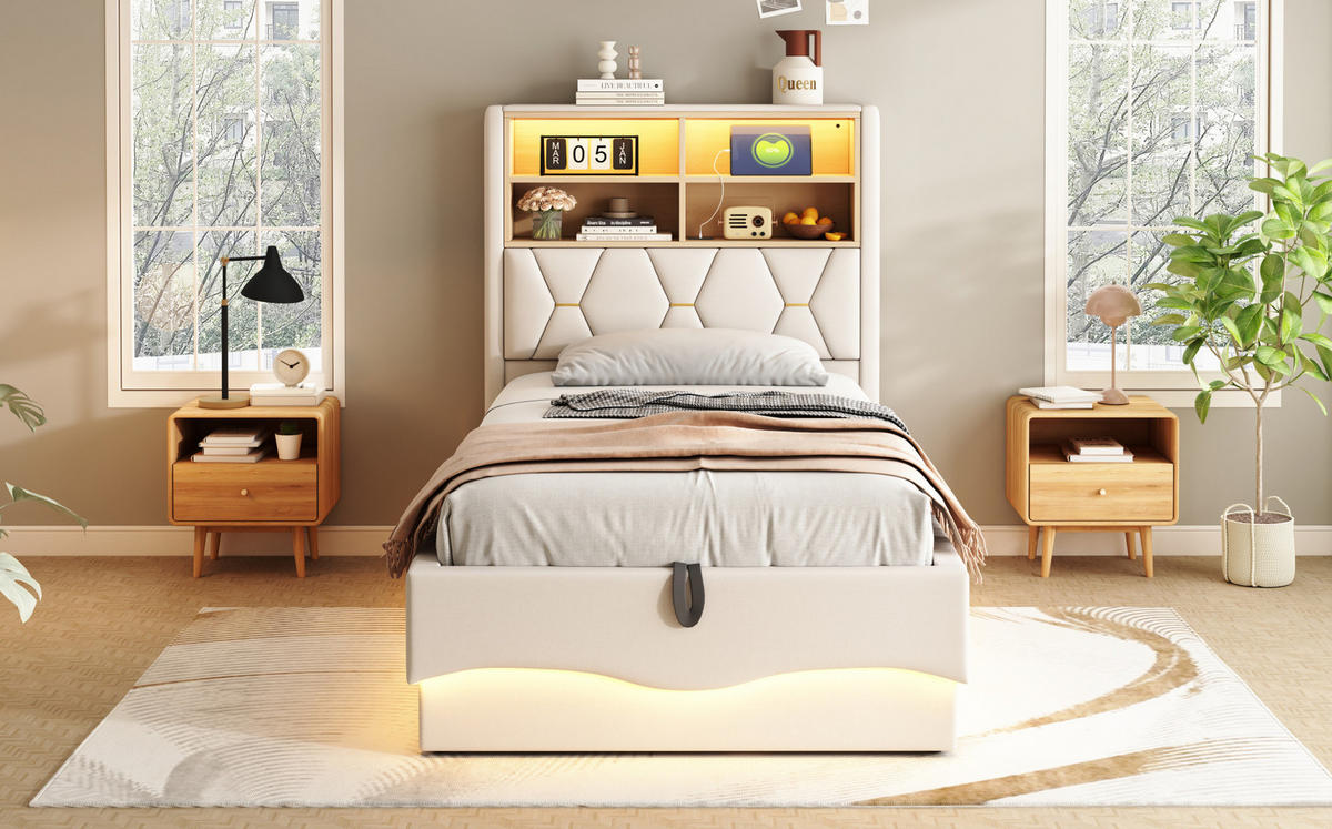 KINDERBETT 90/200 cm Beige aus Leinen und Metall mit LED-Beleuchtung und Stauraum - Beige, Metall (90/200cm) - OKMYHOME