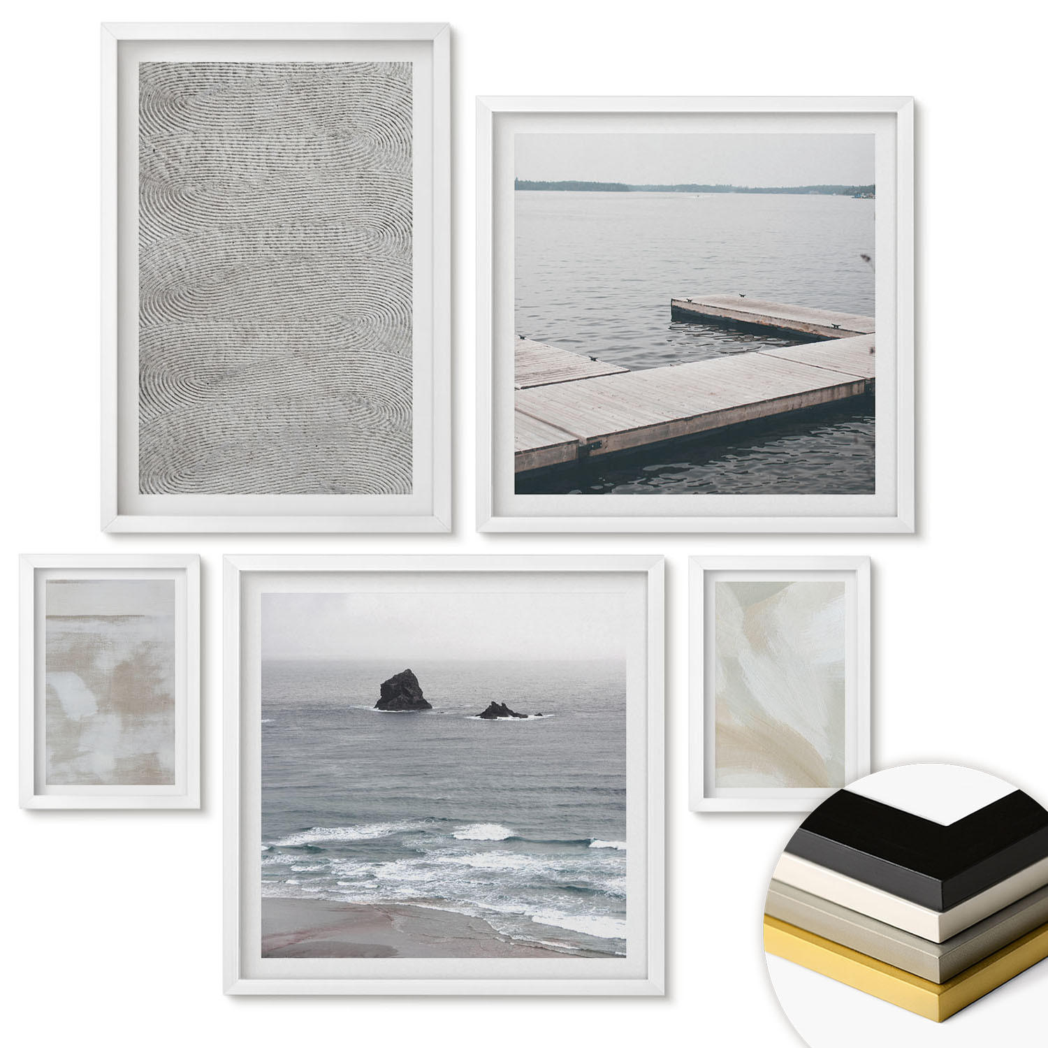 WANDBILDER 5er-Set - 50x50 cm & 20x30 cm & 40x60 cm Weißer Rahmen - Abstraktes Design, moderne Texturen - Weiß, Kunststoff (40/60cm) - ArtPrintCave