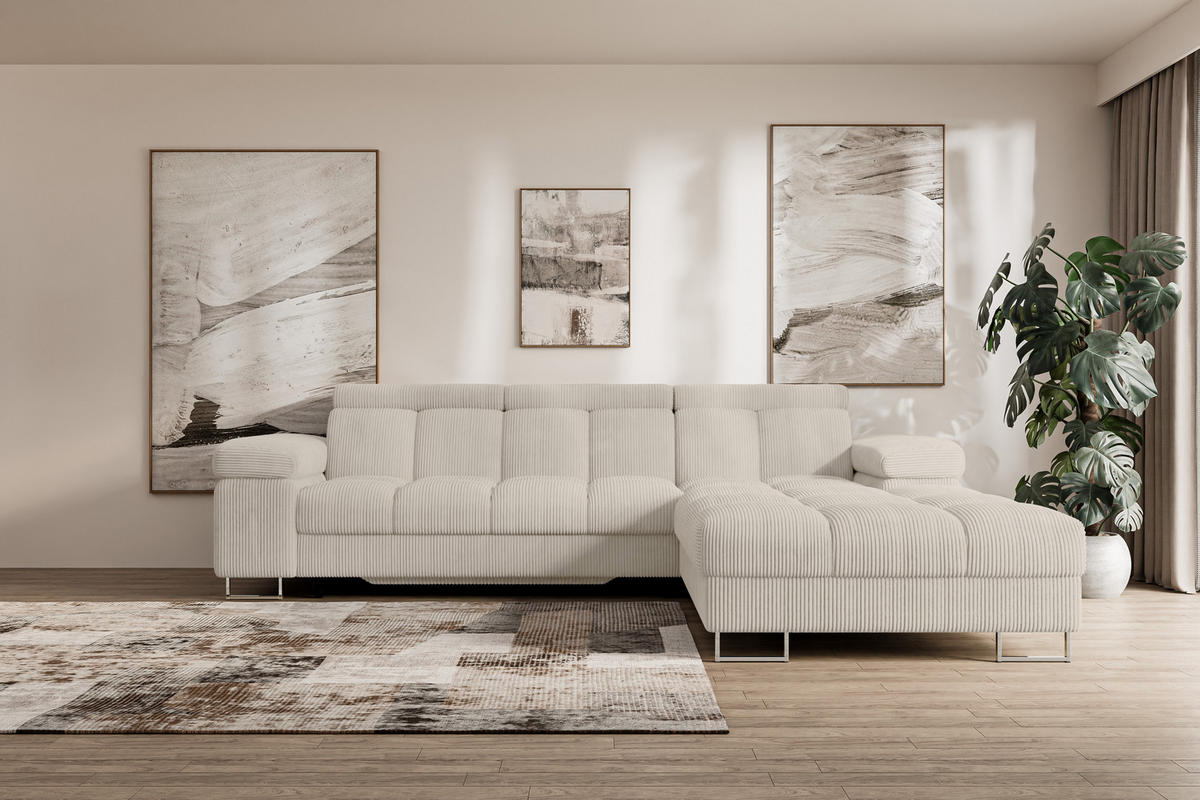 ECKSOFA mit Schlaffunktion Ottomane Rechts COMA L 271x203x79 Beige Cord - Beige, Holzwerkstoff/Textil (203/271cm) - ALTDECOR