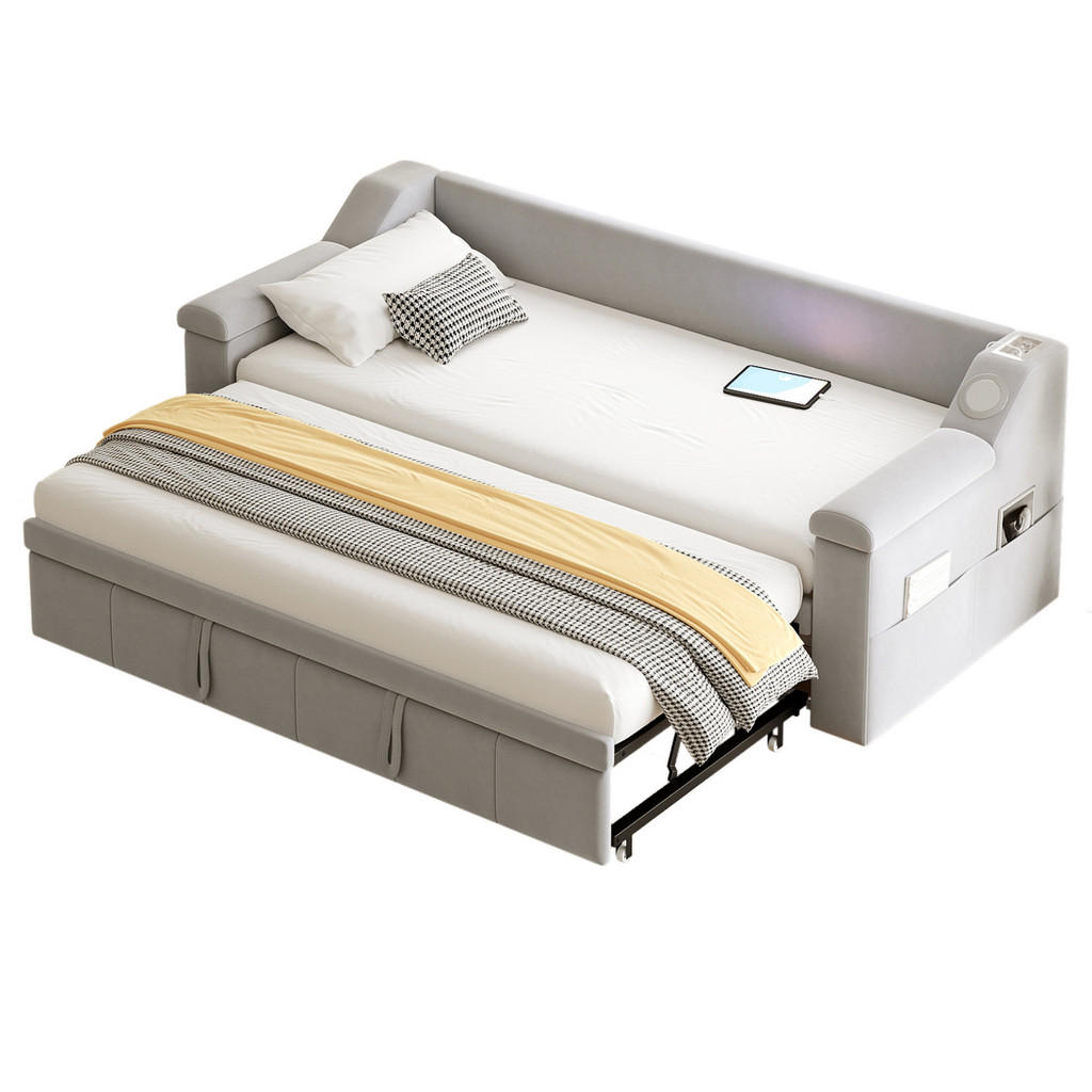 Redom ČALOUNĚNÁ postel 90/190 cm s výsuvem na 180/190 cm, Bluetooth stereo, USB a úložnými područkami, Světle šedá