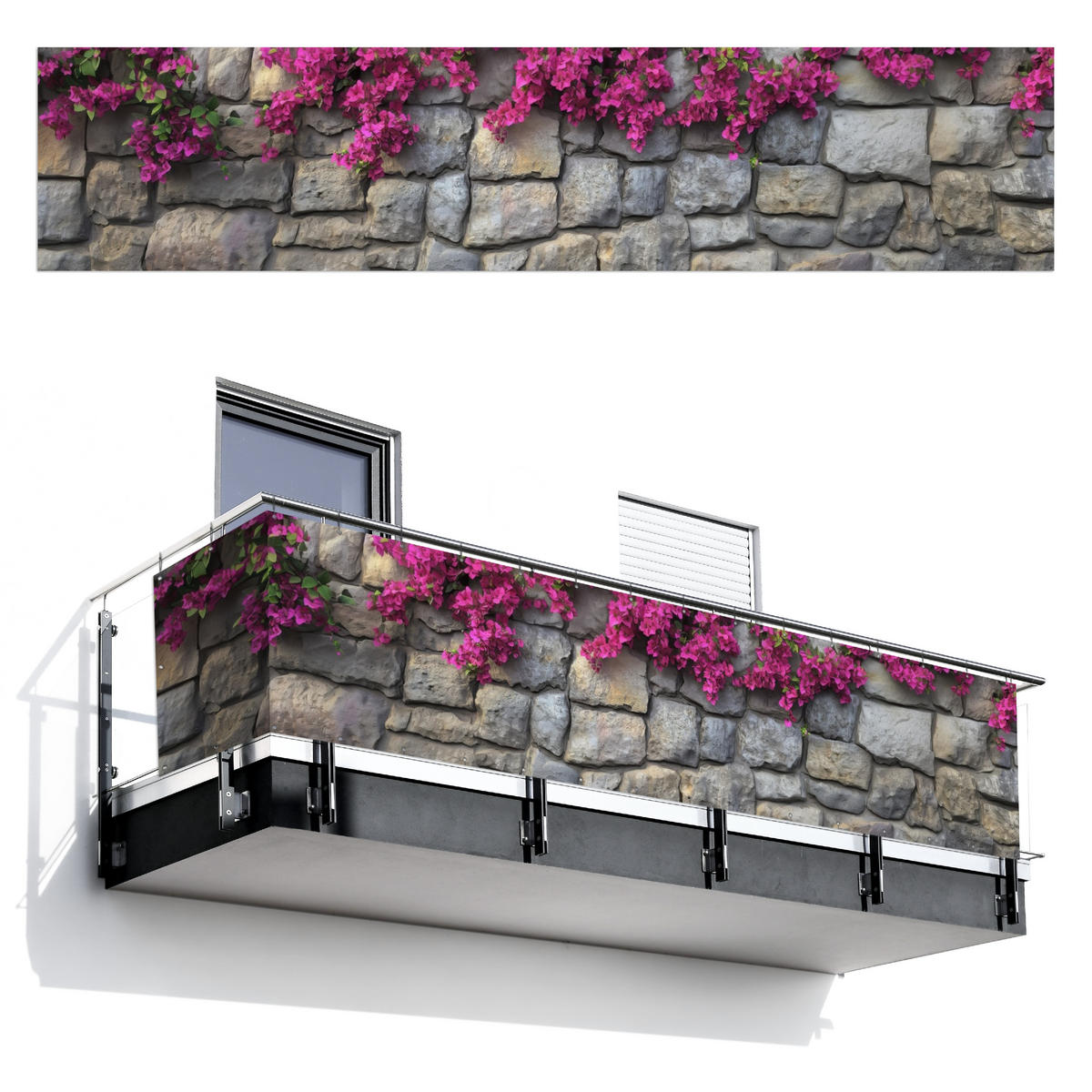 BALKON-SICHTSCHUTZ Bougainvillea - Steinmauer - Rosa - Magenta, Kunststoff (500/110cm) - MuchoWow