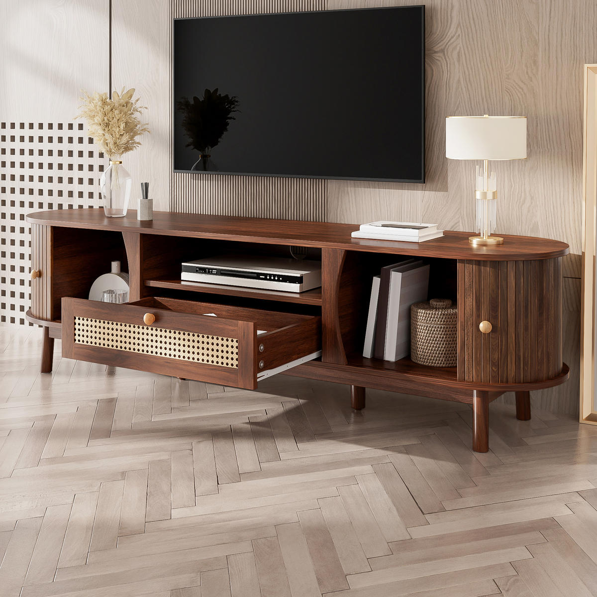 TV-ELEMENT165X37X46CM Rattan-Schiebetüren Nussbaum-Optik Landhausstil - Walnussfarben, Holz (44.5/12.6/178.99cm) - Raelunyi