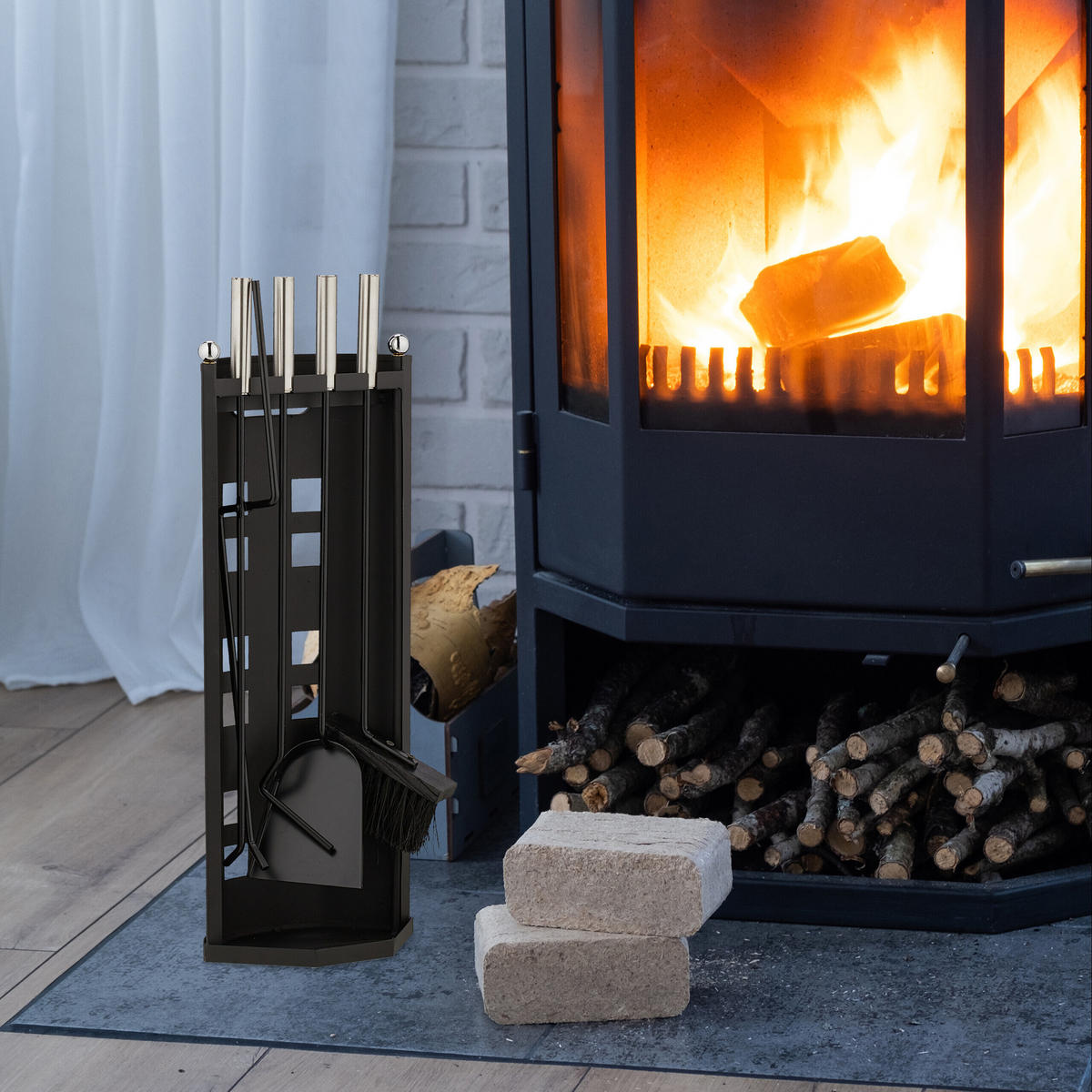 5-TLG.KAMINBESTECK-SET - Schwarz, Metall (22/61/15cm) - Relaxdays