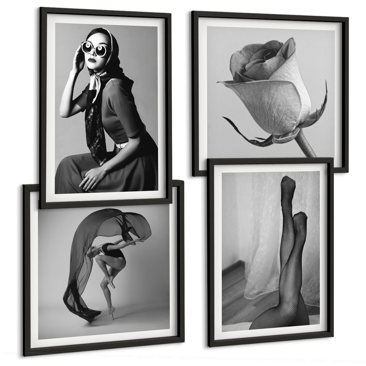 BILDER SET 4er Set - 50x50 cm & 40x60 cm Schwarzer Rahmen - Stilvolle Porträts eleganter Frauen - Schwarz, Kunststoff (50/50cm) - TULUP