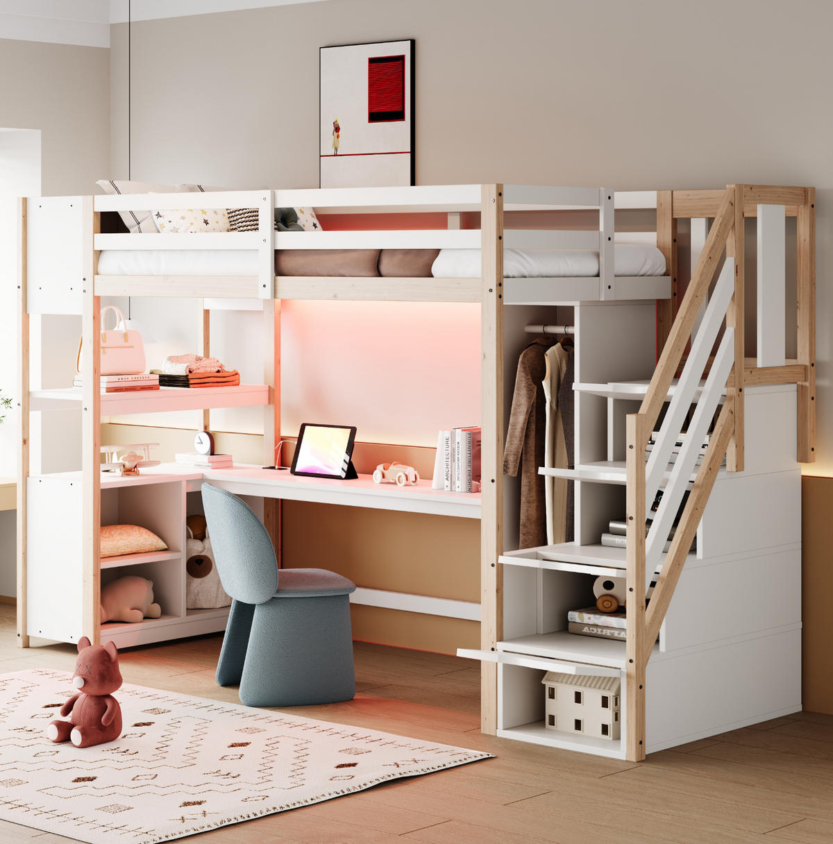 HOCHBETT 90/200 cm aus Massivholz und MDF mit Schreibtisch, Kleiderschrank und LED Weiß/Natur - Naturfarben, Holz (90/200cm) - Modenvie