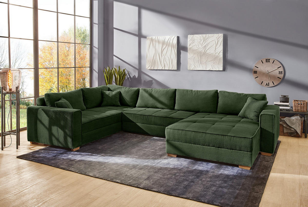 WOHNLANDSCHAFT Schlaffunktion Bettkasten Wellenunterfederung, spiegelverkehrt montierbar U-Form B379/T227/H86 cm, Cord Grün / 15199 - Eichefarben/Grün, Holz/Textil (379/86/227cm) - luma-home