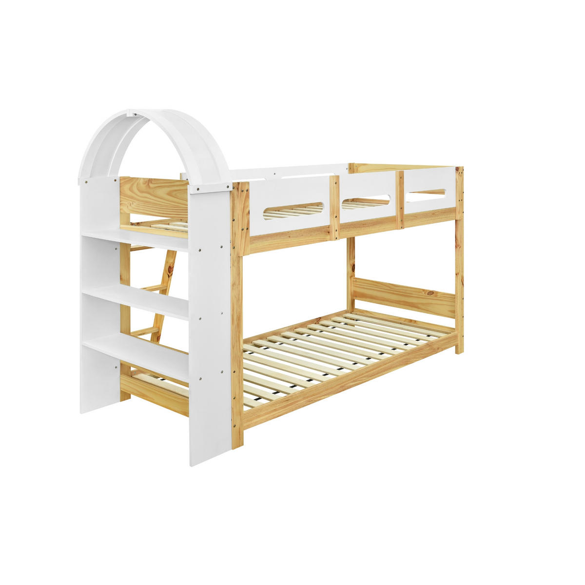 ETAGENBETT 90/200 cm Weiß+Natur mit dreistufigem Regal und sicherem Bettgitter aus Kiefer und MDF - Naturfarben, Holzwerkstoff (90/200cm) - OKWISH