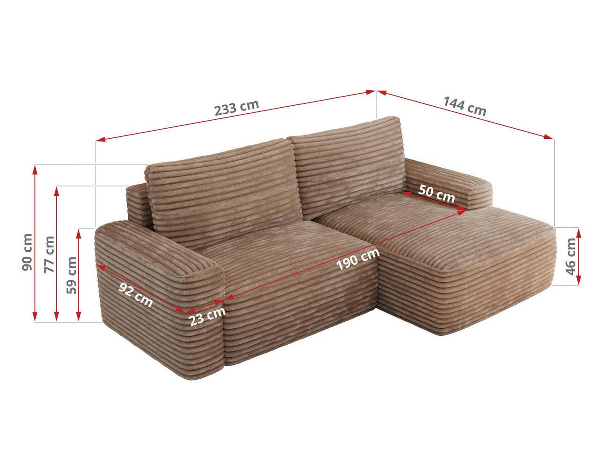 ECKSOFA BELLUNO L Braun Cord - Links - Schwarz/Braun, Textil (144/233cm) - MKS