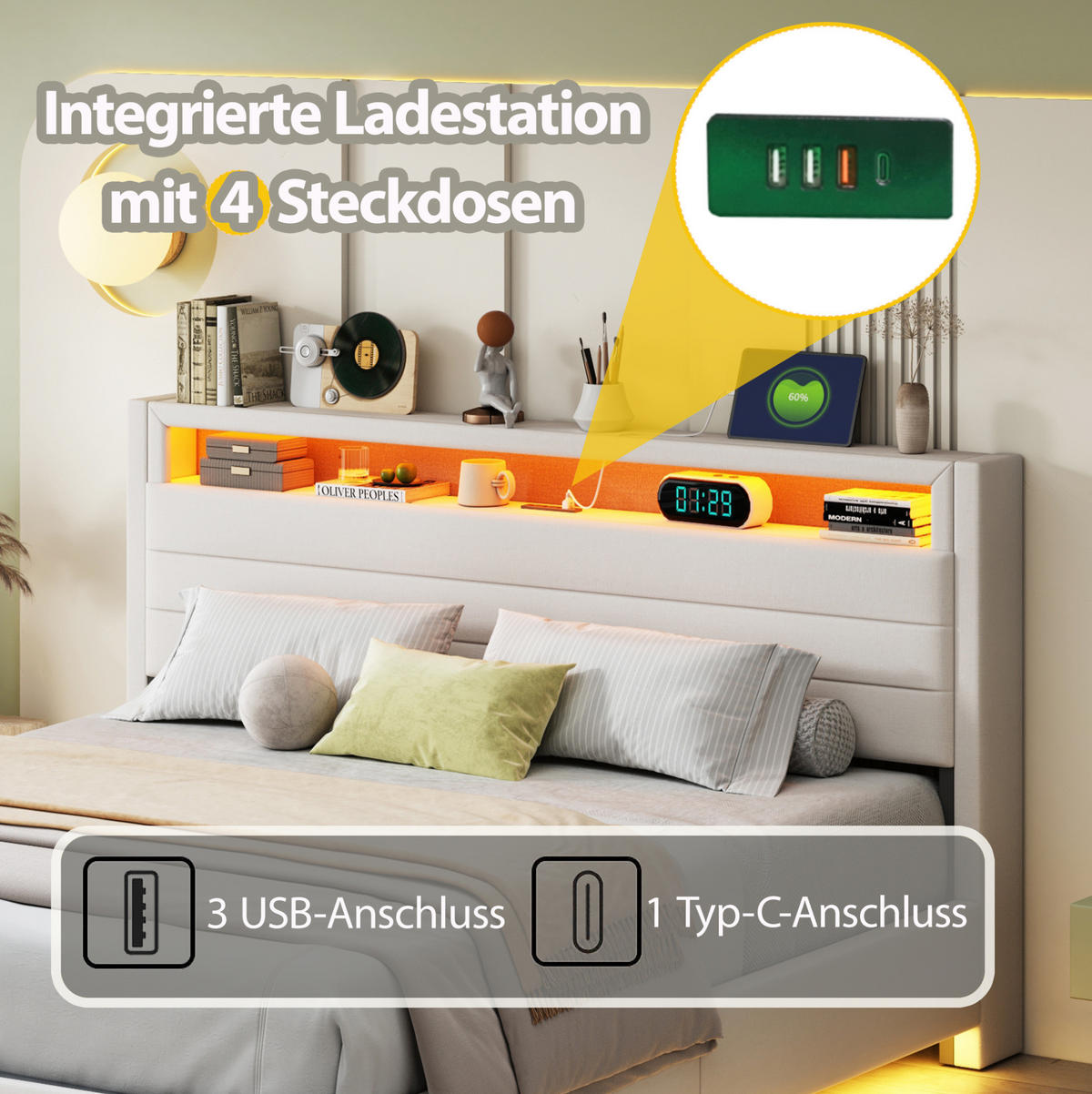 POLSTERBETT 160/200 cm in Beige mit Stauraum, LED-Beleuchtung und USB-Anschluss - Beige, Textil (160/200cm) - Flora Grace