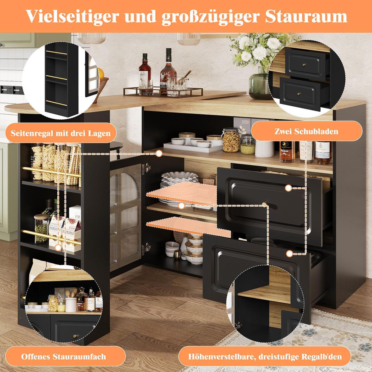 STEHTISCH 138-204x39x104cm Schwarz mit Snackregal & Drehfunktion - Schwarz, Holzwerkstoff (204/104/39cm) - Modfu