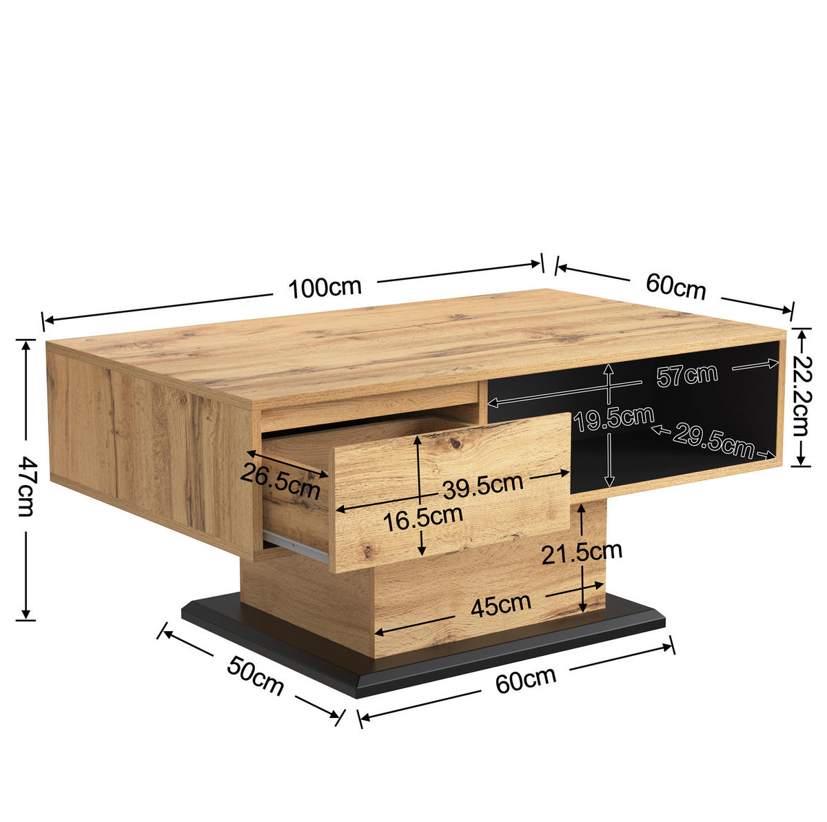 KONFERENČNÝ stolík 100/60 cm s dekorom dreva a úložným priestorom, prírodný - prírodná farba, kompozitné drevo (100/47/60cm) - Flora Grace