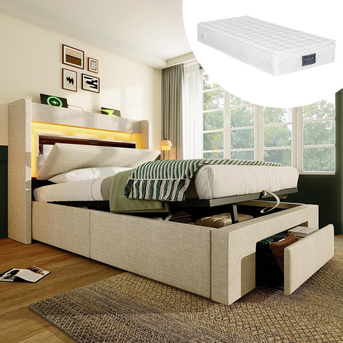 POLSTERBETT 90x200 cm Mit Matratze,Leinen in Beige - Beige, Textil (90/200cm)