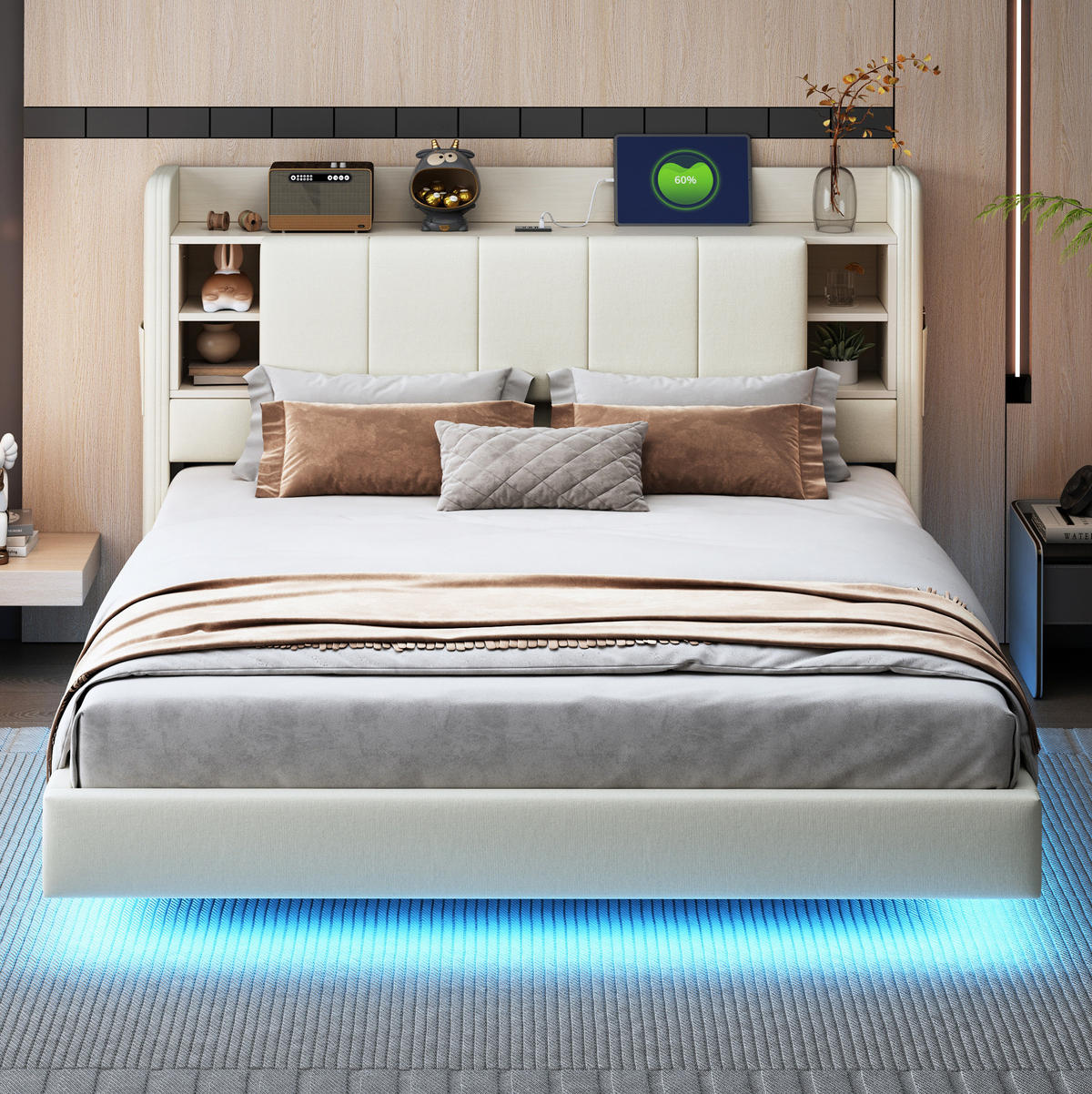 ČALÚNENÁ posteľ z preglejky, MDF a ľanovej tkaniny 160x200 cm béžová s LED osvetlením, USB a úložným čelom - béžová, textil (160/200cm) - Modfu