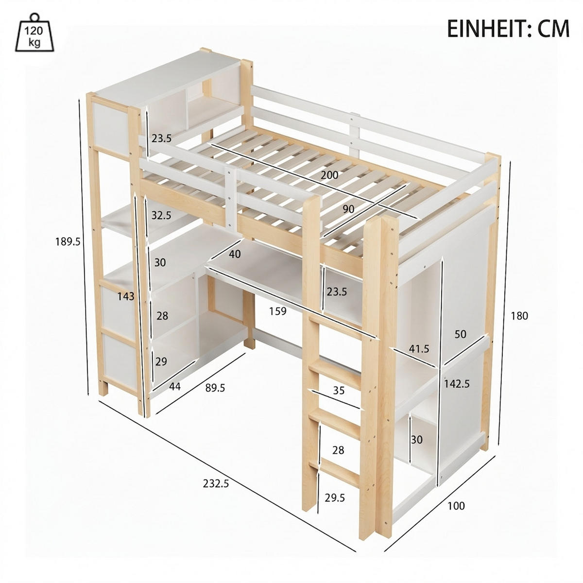 HOCHBETT 90/200 cm Natürlich mit mehrere Ablagefächer, Schreibtisch und Kleiderschrank - Naturfarben, Holz (90/200cm) - Oxeza