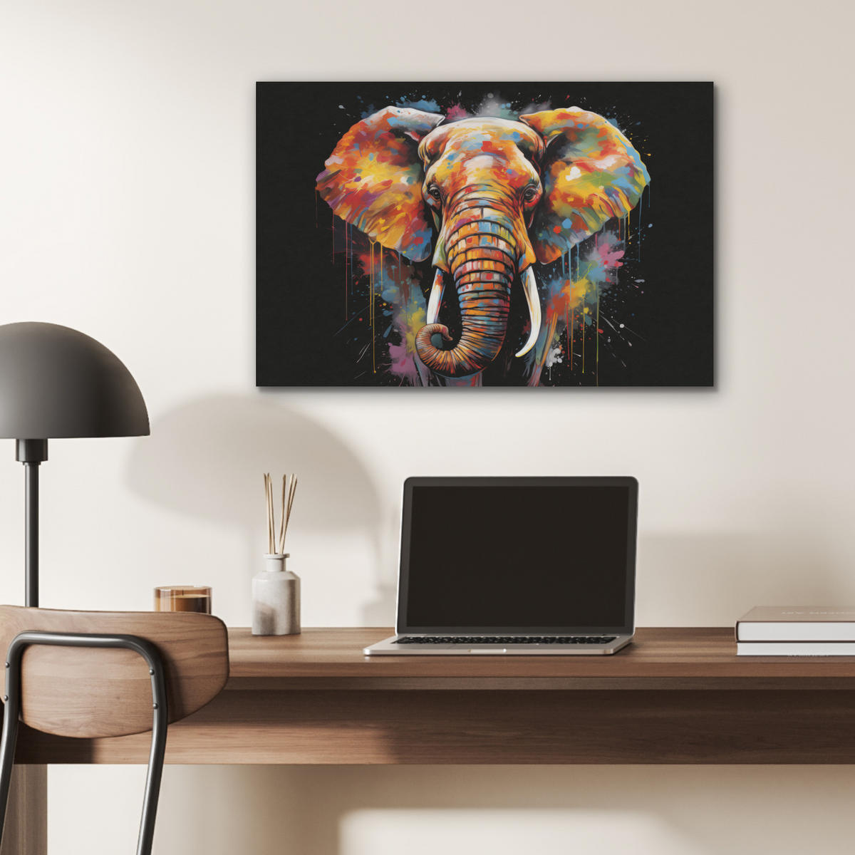 AKUSTIKBILD Elefant - Graffiti - Schwarz - Tiere - Farben Wanddeko 70x50 cm - Schwarz, Kunststoff (70/50/0.9cm) - MuchoWow