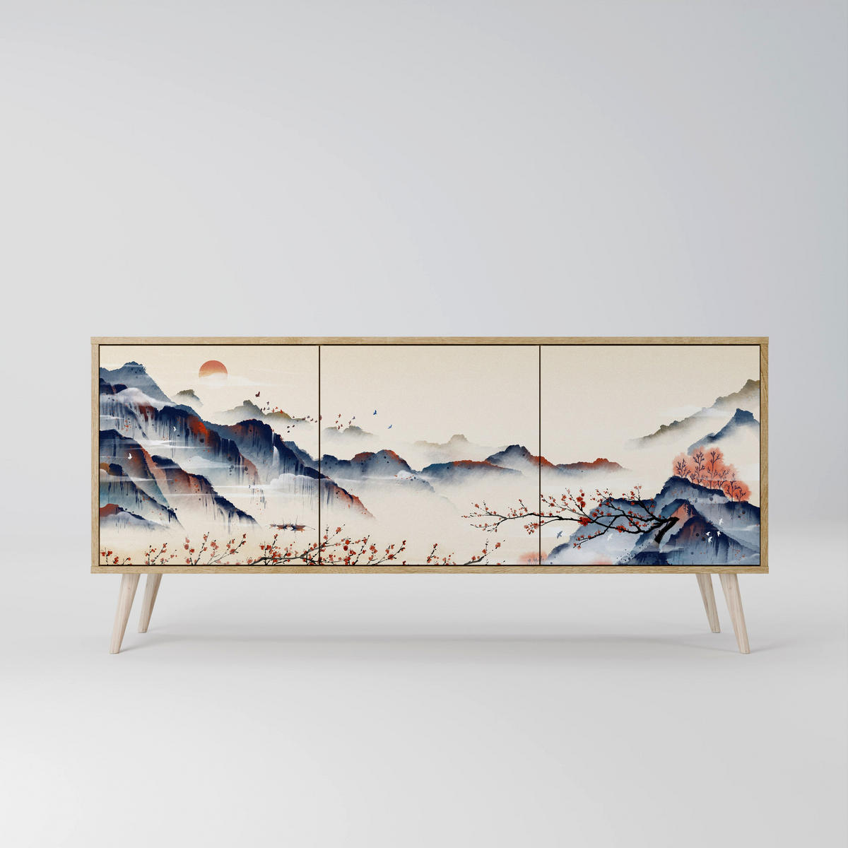 SIDEBOARD JAPANESE LANDSCAPE, Eicheneffekt, 164,5x42x77,5 cm, 3 Türen - Eichefarben/Buchefarben, Holzwerkstoff/Buchenholz (164.5/77.5/42cm) - SpaceRebels