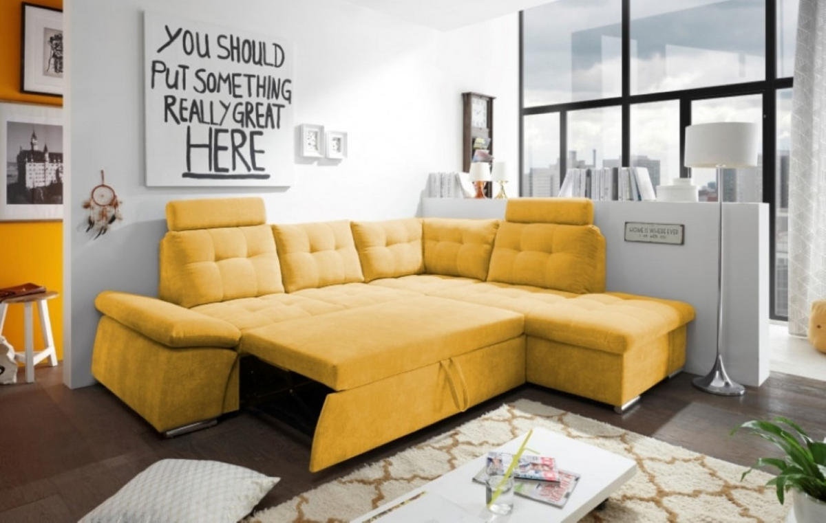 ECKSOFA mit Schlaffunktion, Bettkasten und verstellbarer Armlehne - Chromfarben/Gelb, Textil (219/260cm) - ed exciting design