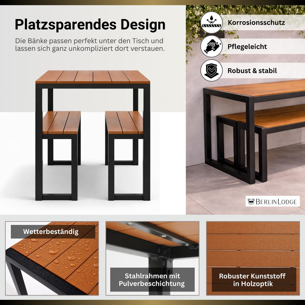 BIERZELTGARNITUR MALLORCA 3-teilig 4 Personen 118cm breit Holzoptik - Schwarz/Braun, Kunststoff/Metall - BERLINLODGE