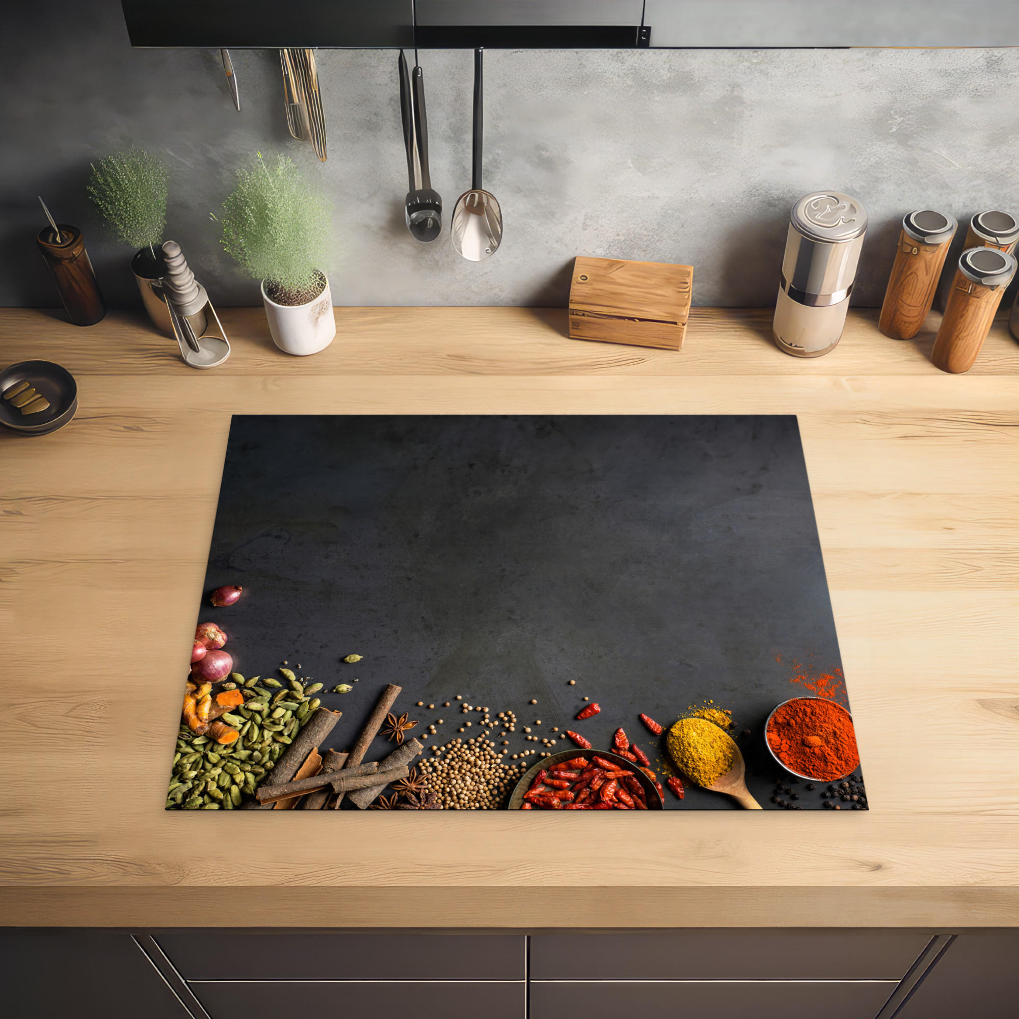 HERDABDECKPLATTE Kräuter - Lebensmittel - Gewürze - Schwarz - Paprika - Zimt 65x52 cm - Currygelb, Kunststoff (65/0.2/52cm) - MuchoWow
