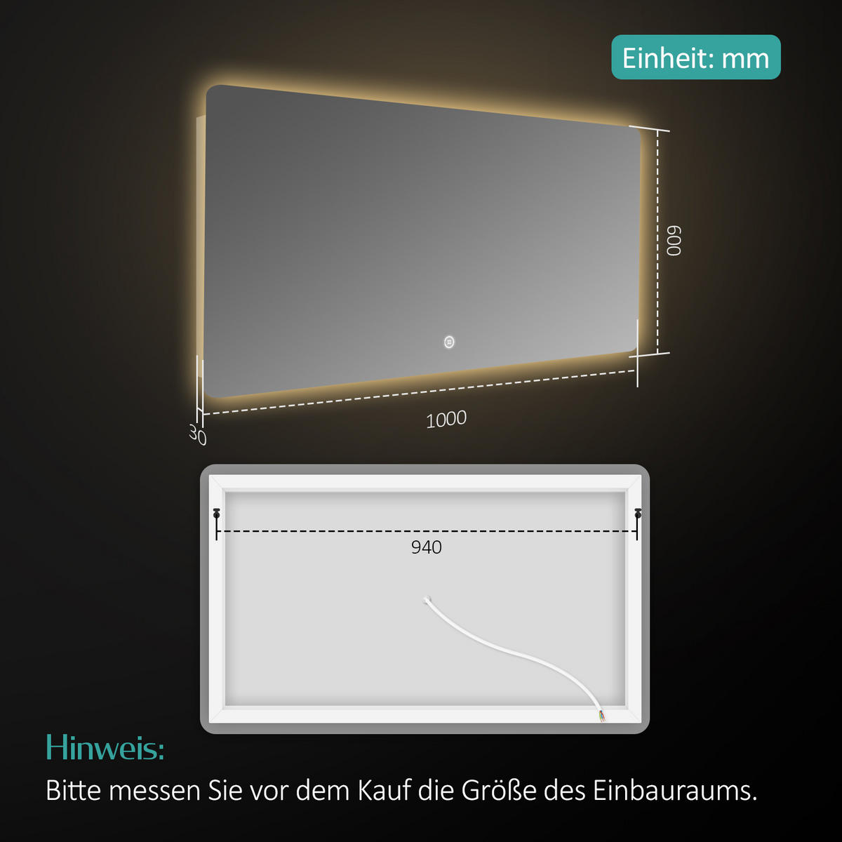 BADSPIEGEL mit Touch-Schalter Beleuchtung Rechteckig 100/60 cm - Weiß, Glas (60/3/100cm) - EMKE