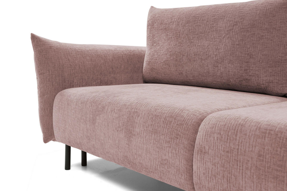 SOFA ADEL - Schlaffunktion Und Bettkasten, Wellenfederung, PUR-Schaum, Schwarze Metallfüße lose Rückenkissen, freistehend, 240x108x75 cm Pink - Pink, Holz/Textil (240/75/108cm) - DomoHome