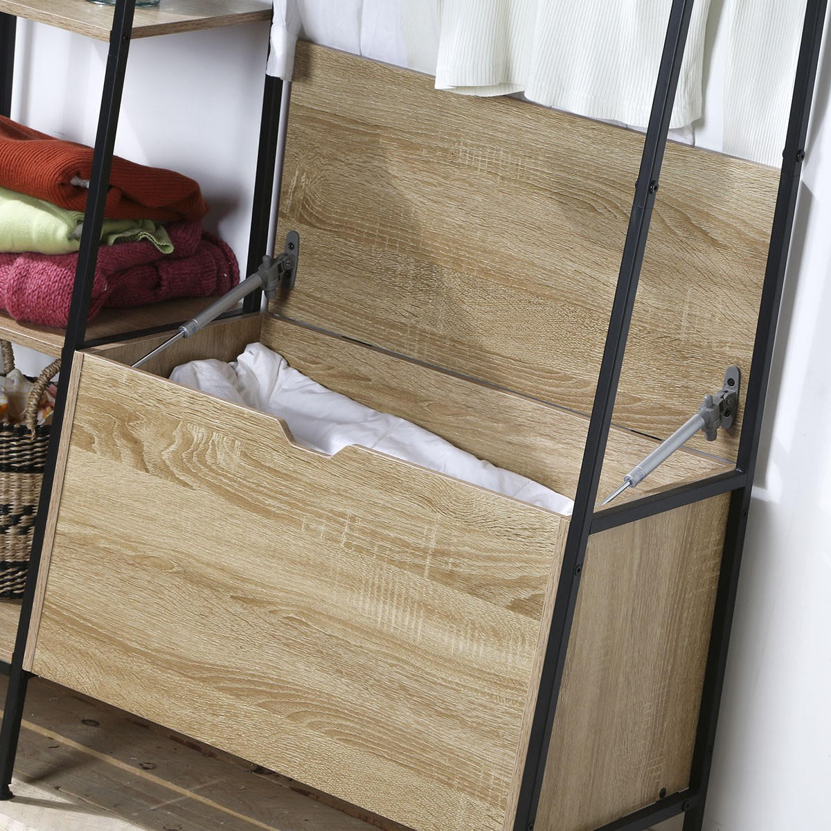 GARDEROBENSTÄNDER mit 5 Regalen, Schuhkasten und Kleiderhaken - Eichefarben, Holzwerkstoff (35/160/105cm) - Calicosy