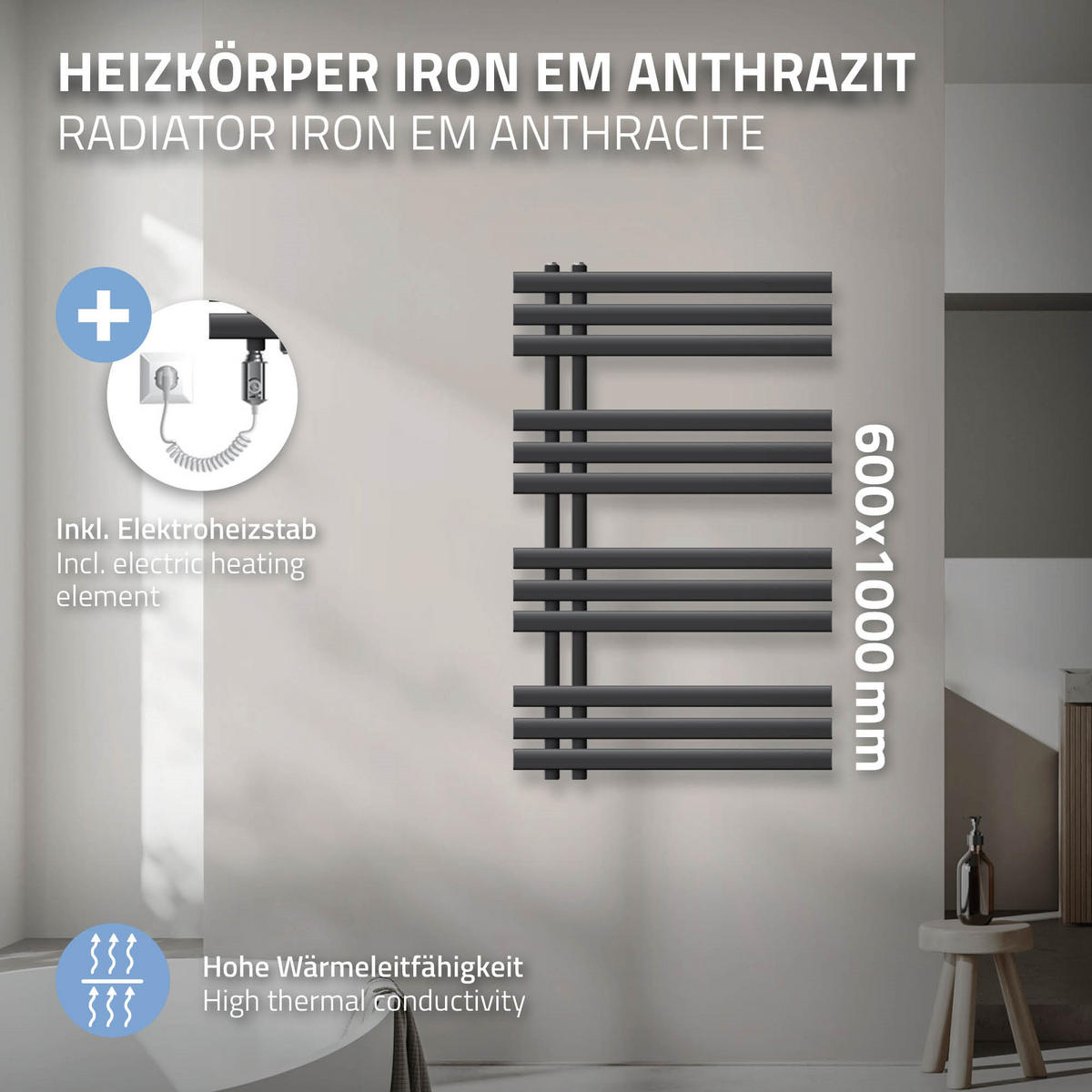 ELEKTRICKÝ KOUPELNOVÝ TOPNÝ TĚLESO Iron EM 600 x 1000 mm, antracit, s topným tělesem 600 W - antracitová, kov (60/100/3cm) - LuxeBath