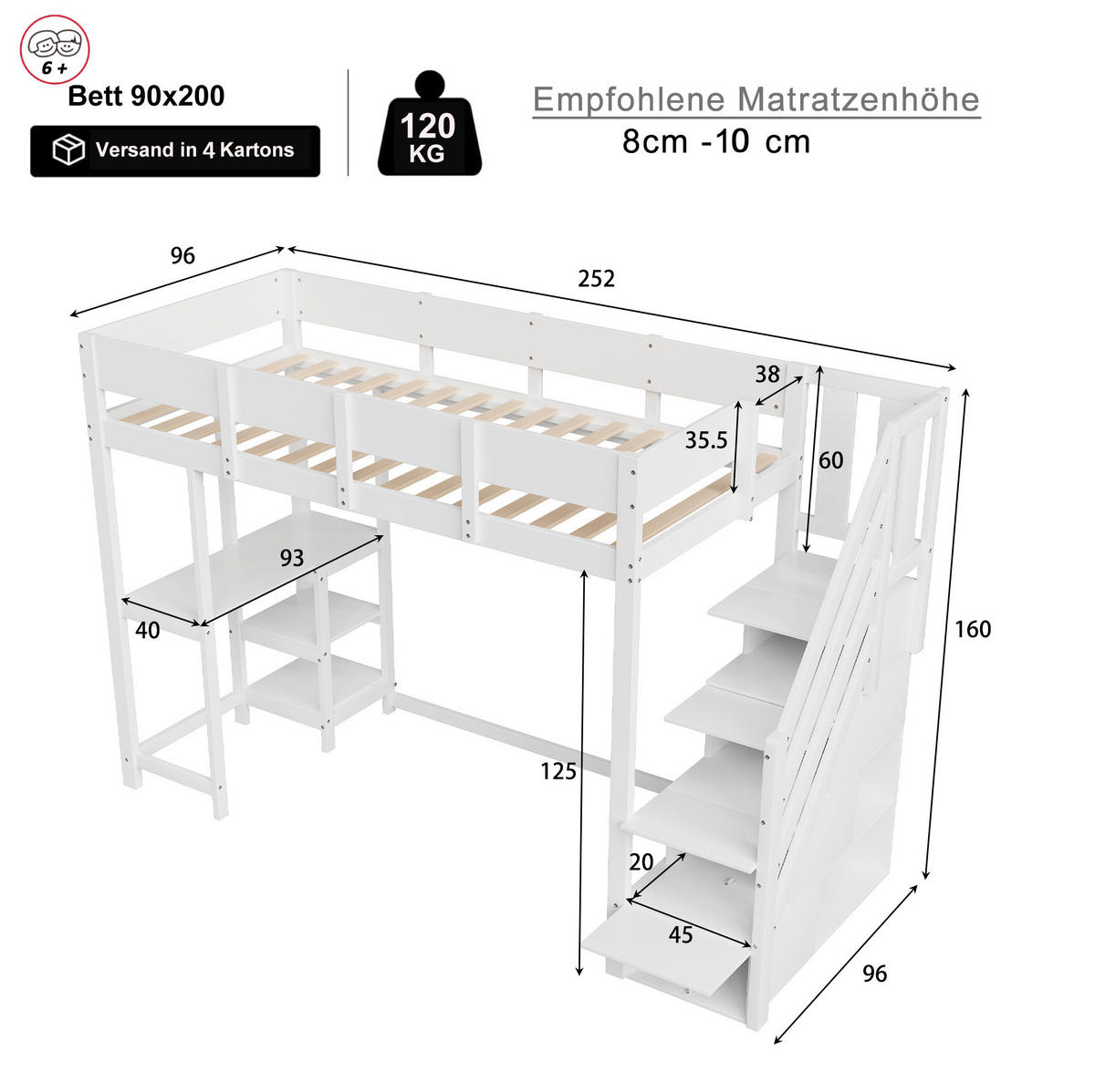 HOCHBETT 90/200 cm in Weiß mit Stauraumtreppe und Ablageregal - Weiß, Holz (90/200cm) - BEAOK