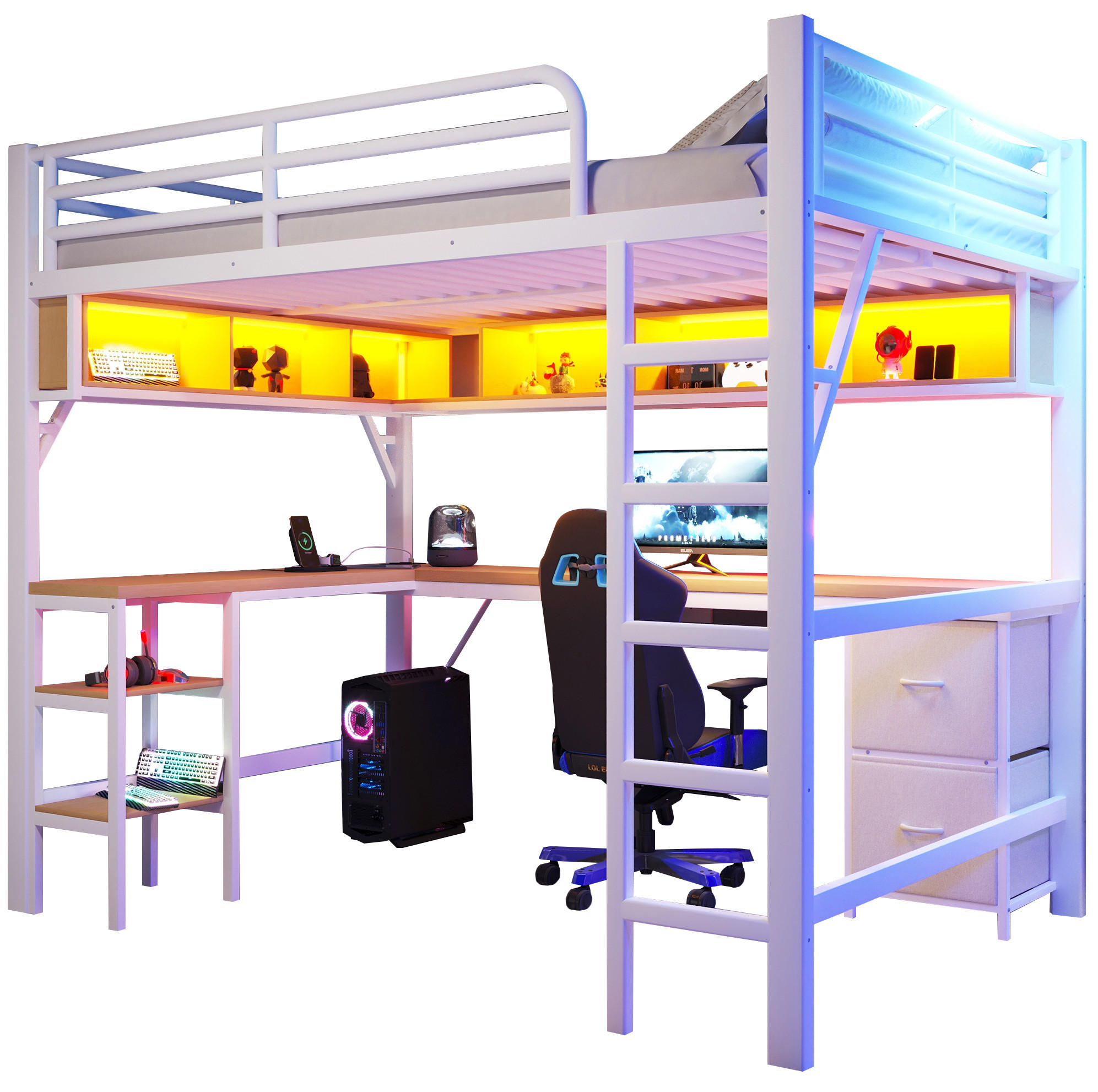 HOCHBETT 140/200 cm in Weiß – mit Schreibtisch, Stauraum und Rausfallschutz - Weiß, Holzwerkstoff (140/200cm) - BEAOK