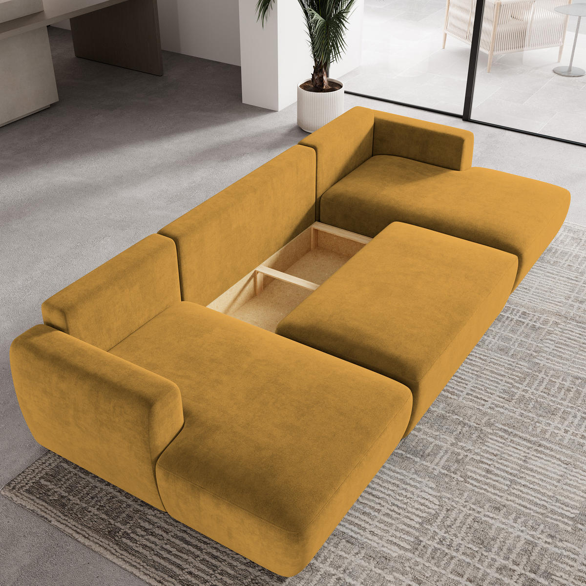 WOHNLANDSCHAFT SENTUM K Gelb Plüsch-Stoff mit Schlaffunktion - Gelb, Holz (330/90/148cm) - MASSENO